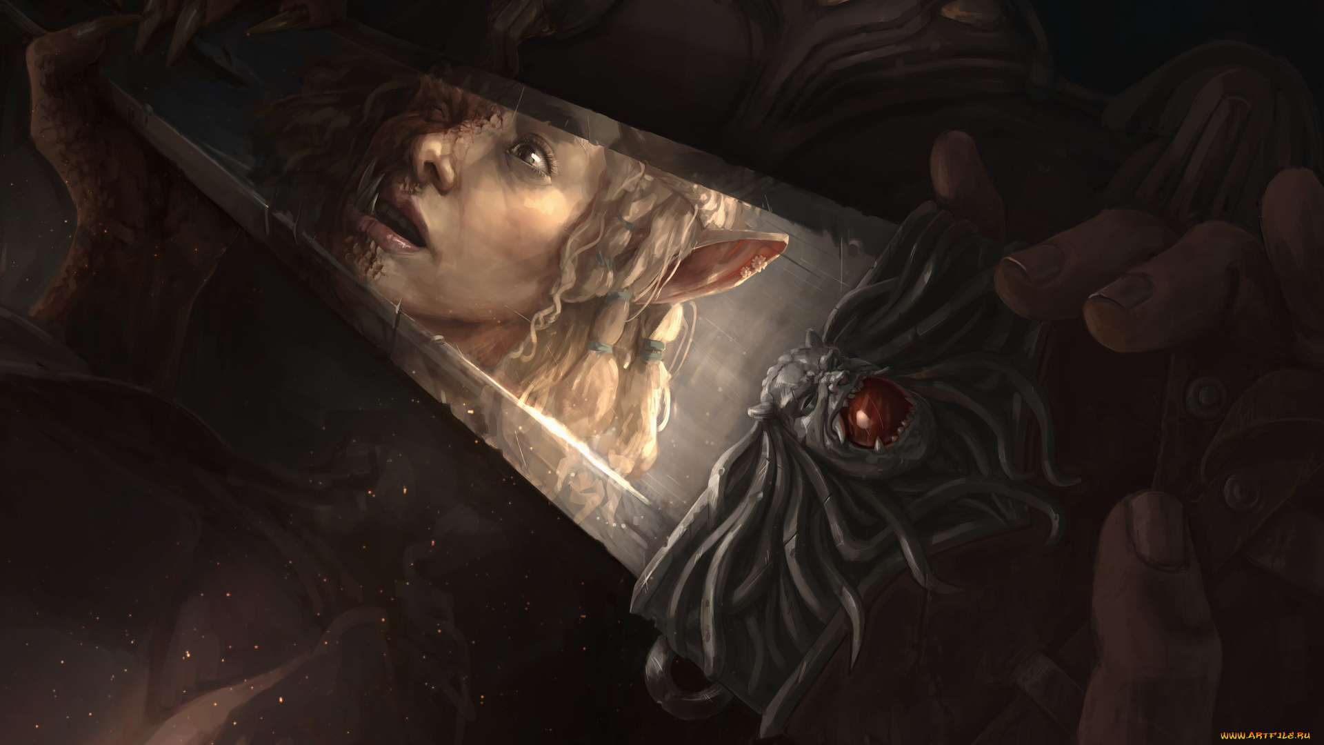 фэнтези, демоны, лицо, отражение, эльф, взгляд, испуг, fantasy, фэнтази, арт