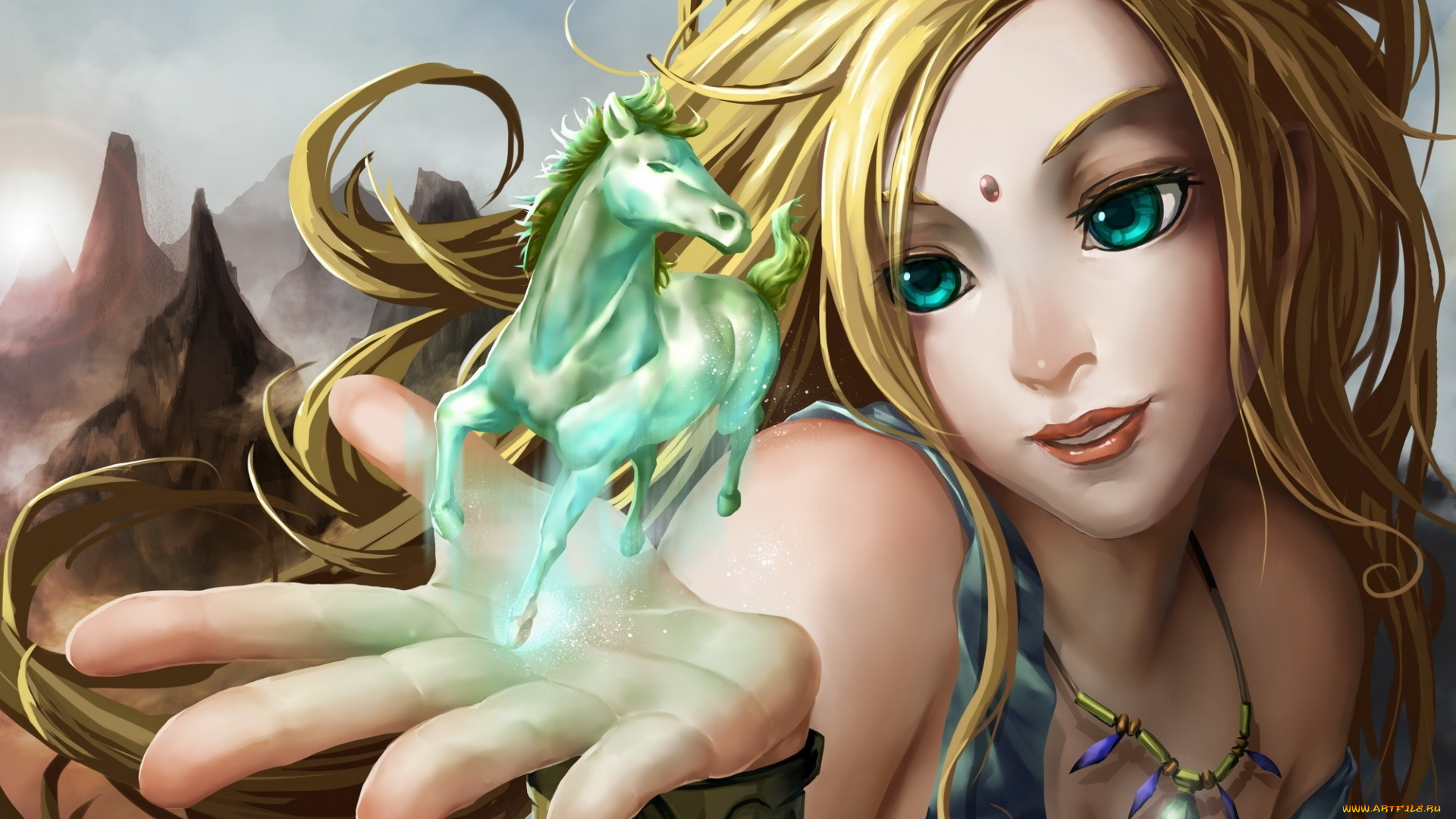 фэнтези, девушки, девушка, магия, ладонь, скалы, лошадь, колье