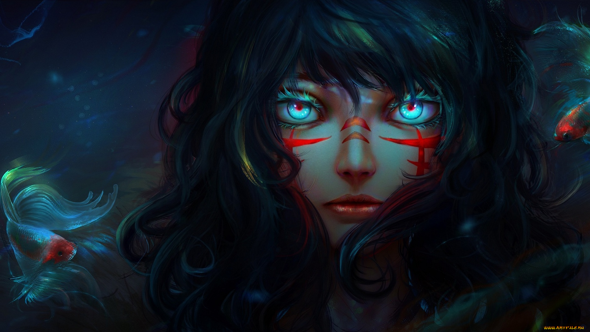 фэнтези, русалки, аниме, лицо, рыбки, девушка, арт