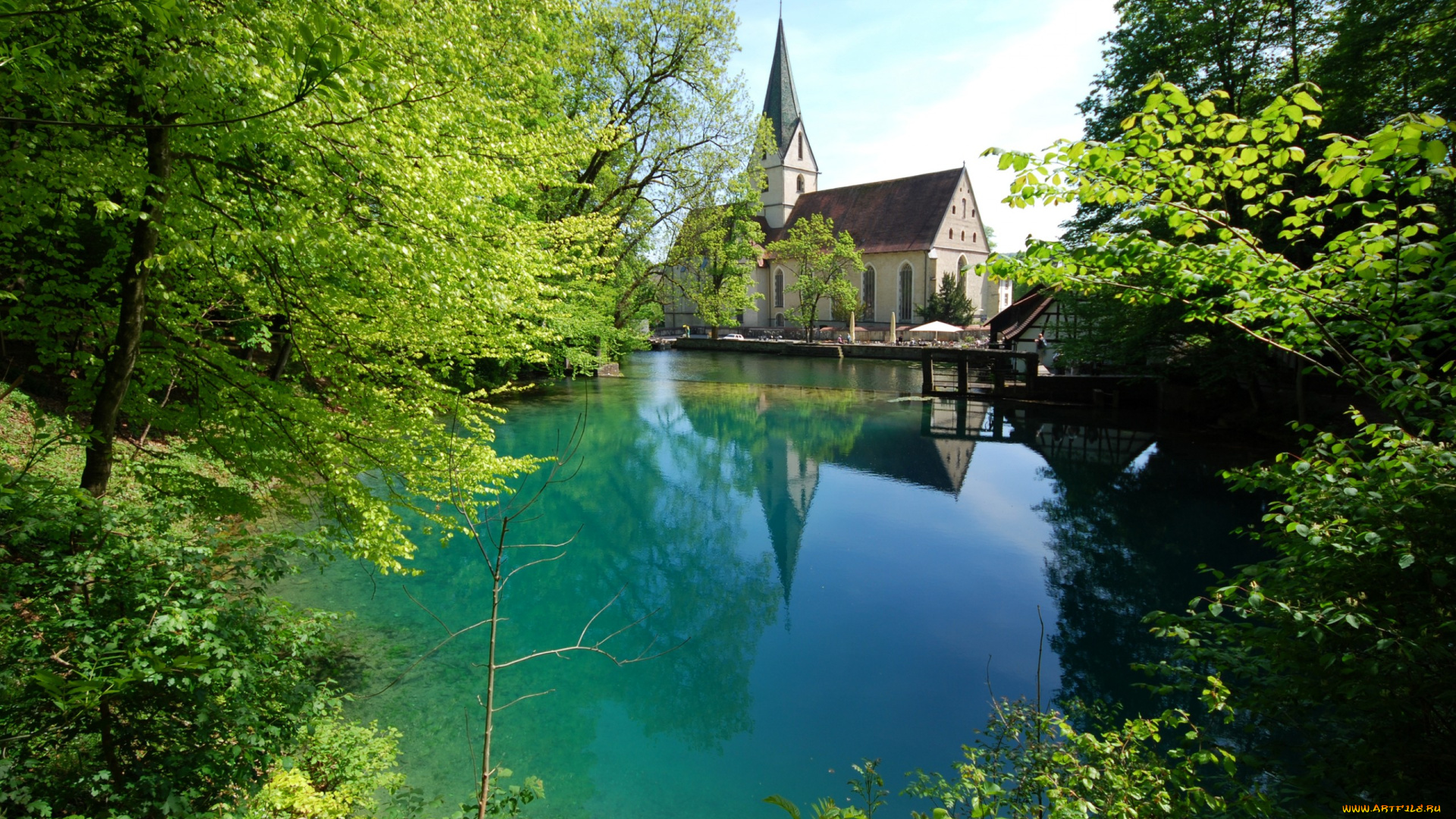 города, -, католические, соборы, , костелы, , аббатства, деревья, лето, пруд, blaubeuren, германия, кусты, церковь, солнечно, зелень, листва, ветки