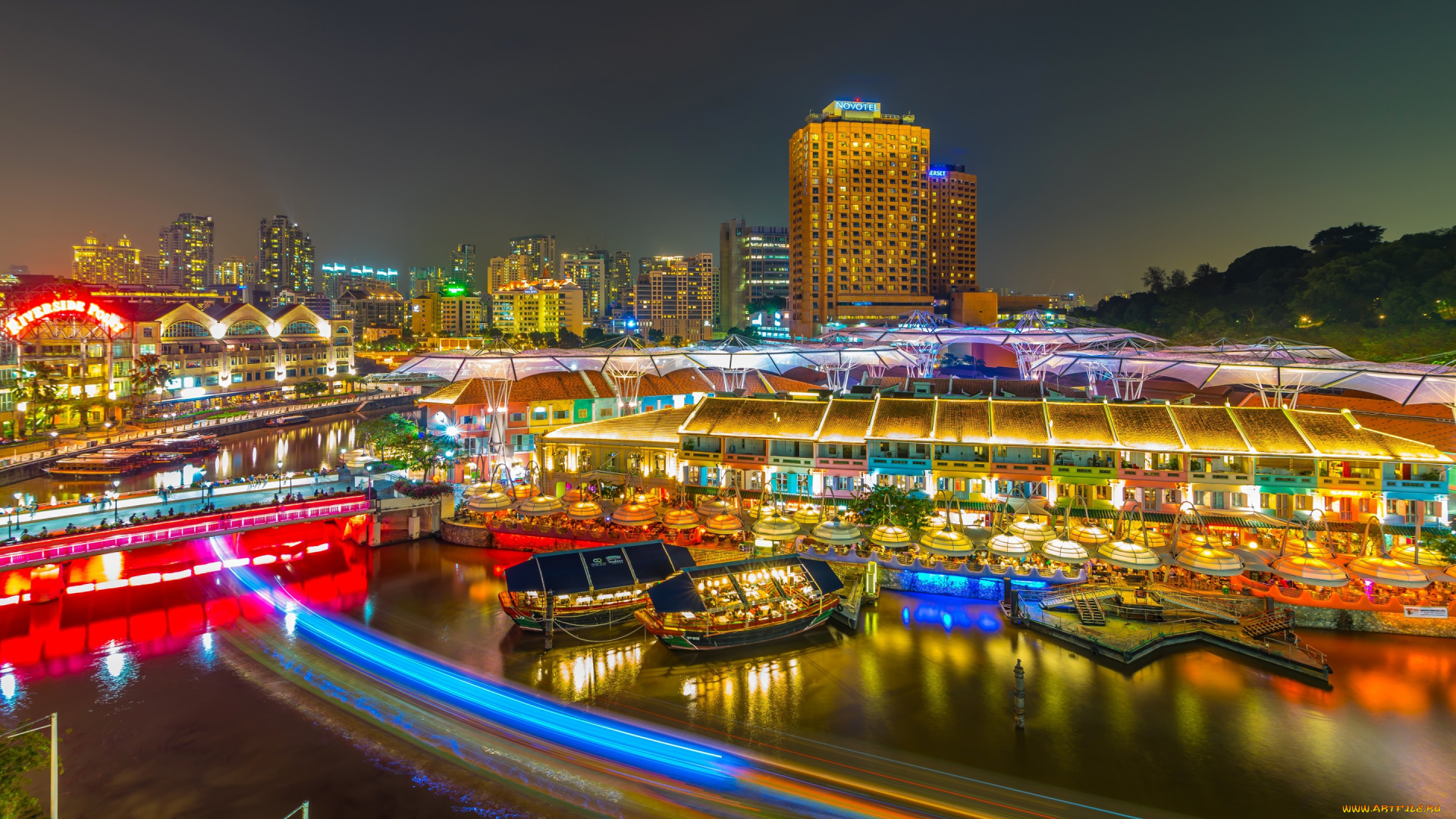города, сингапур, , сингапур, дома, огни, река, clarke, quay, яркие, ночь, причалы, лодки, иллюминация