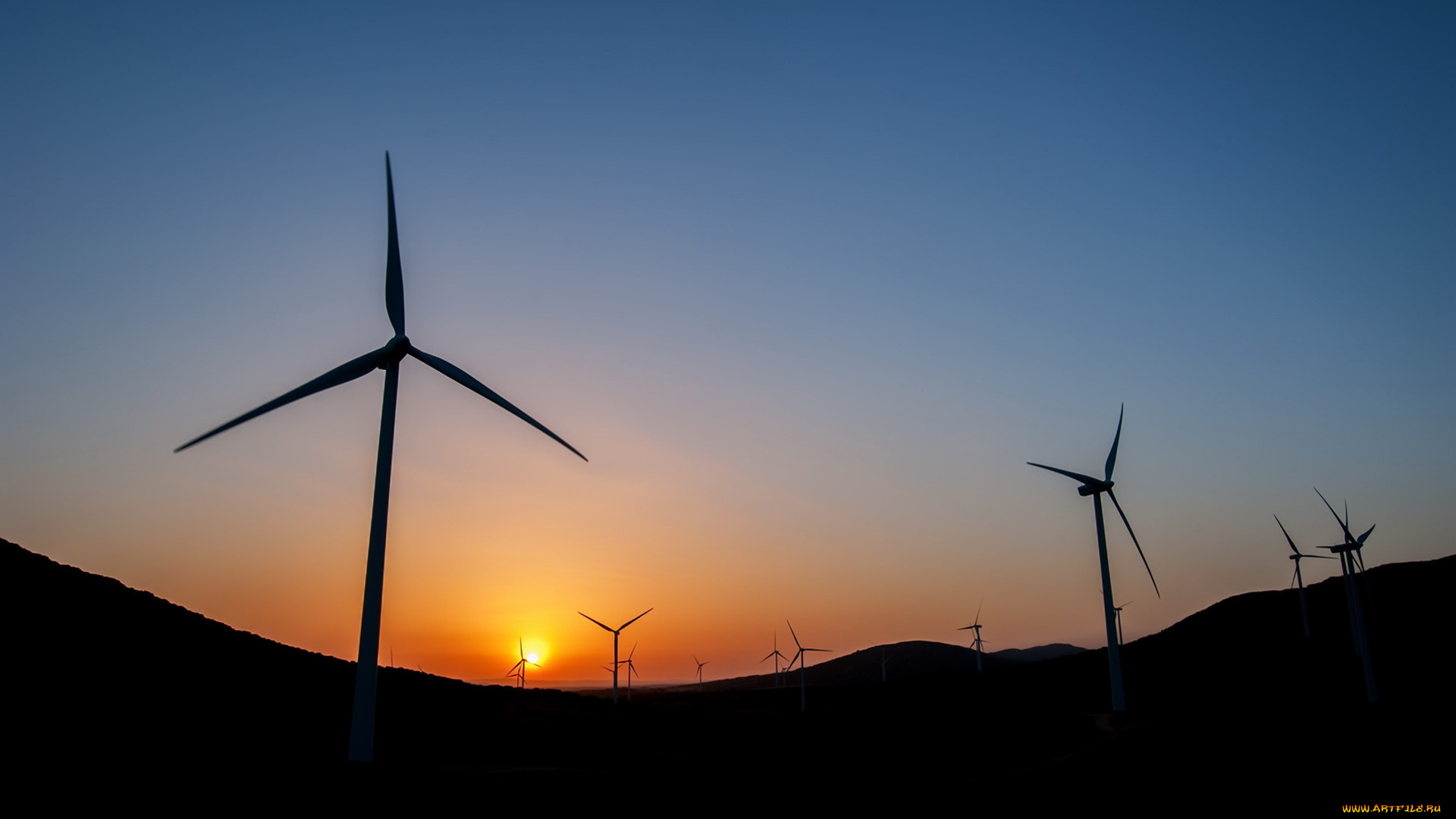 разное, мельницы, закат, ветряки
