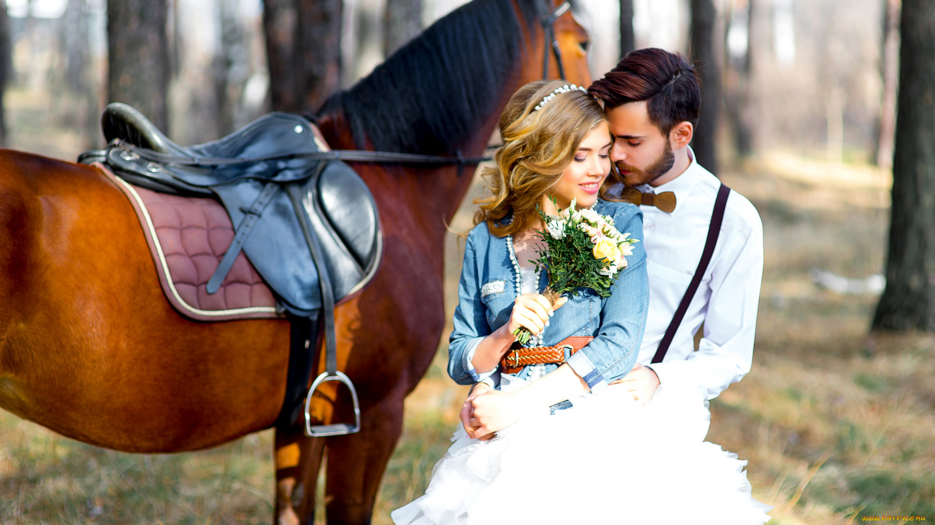 разное, мужчина, женщина, лошадь, объятия, пара, влюбленные, чувства, невеста, букет, природа
