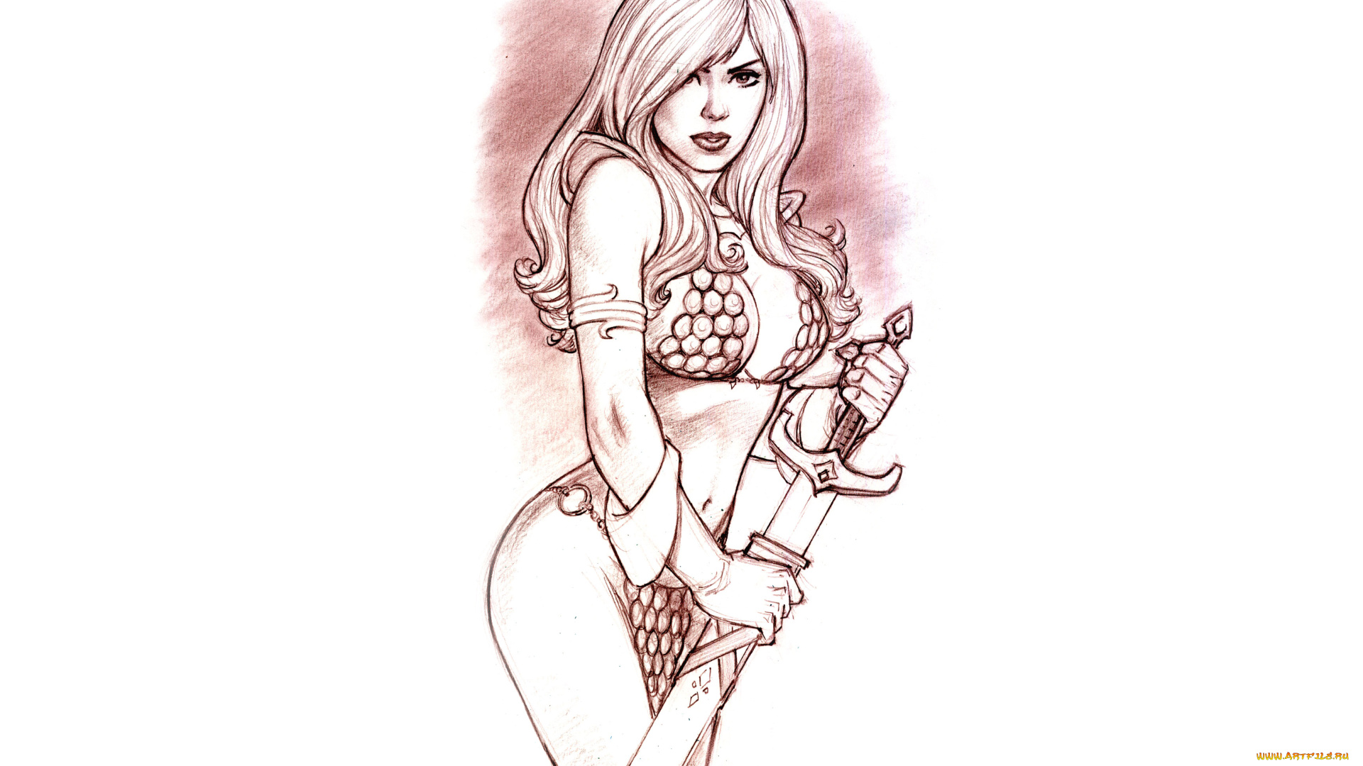 рисованное, комиксы, кольчуга, девушка, фон, взгляд, скетч, меч