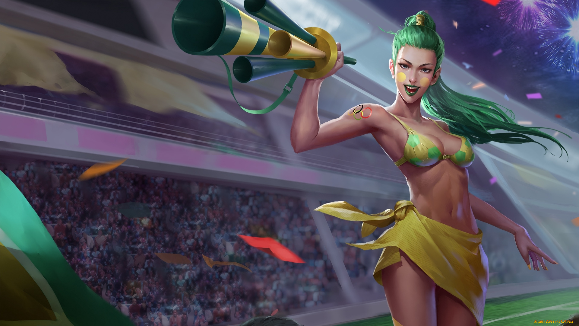 видео, игры, heroes, of, newerth, купальник, стадион, bushwack, art, heroes, of, newerth, hon, vuvuzela, грудь, девушка