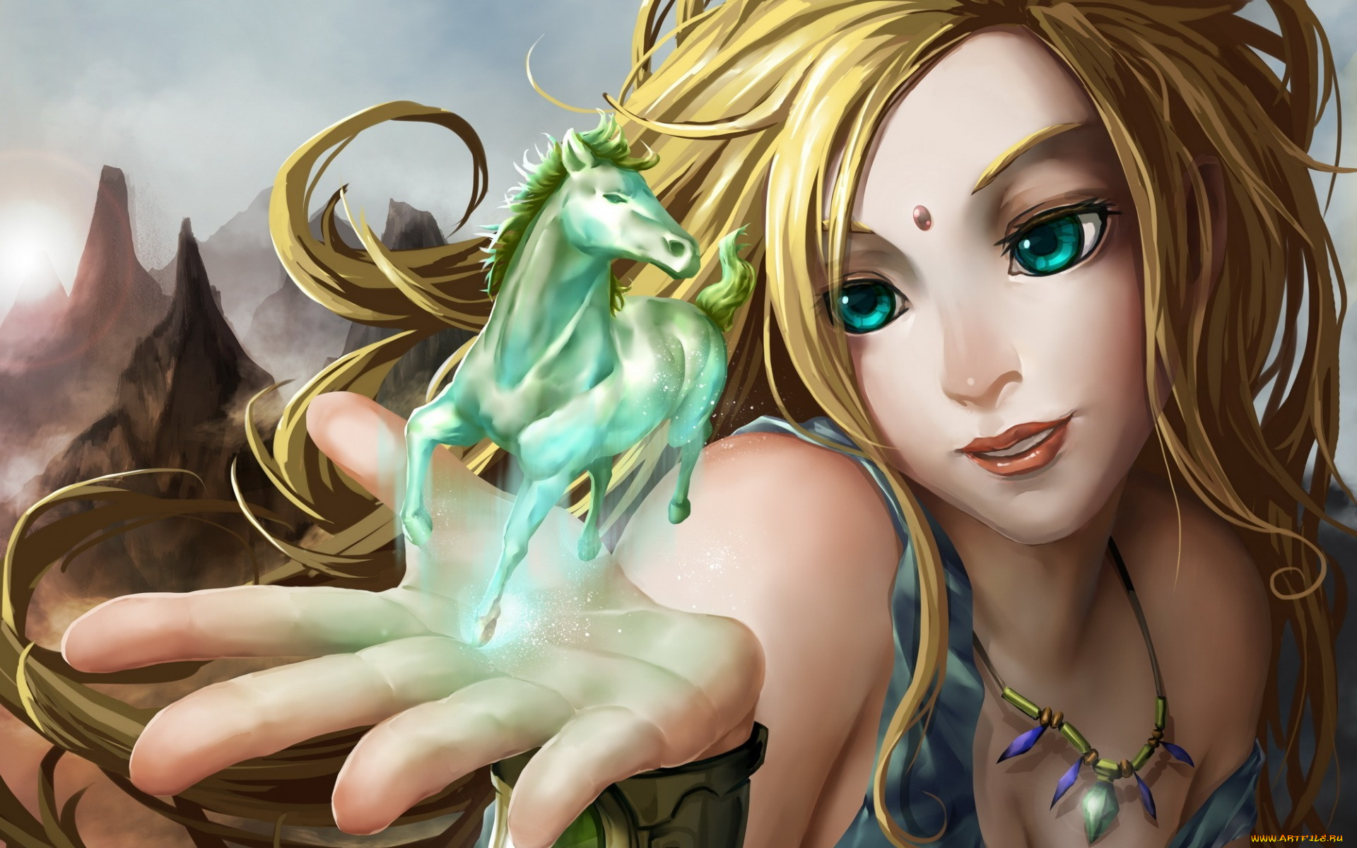 фэнтези, девушки, девушка, магия, ладонь, скалы, лошадь, колье