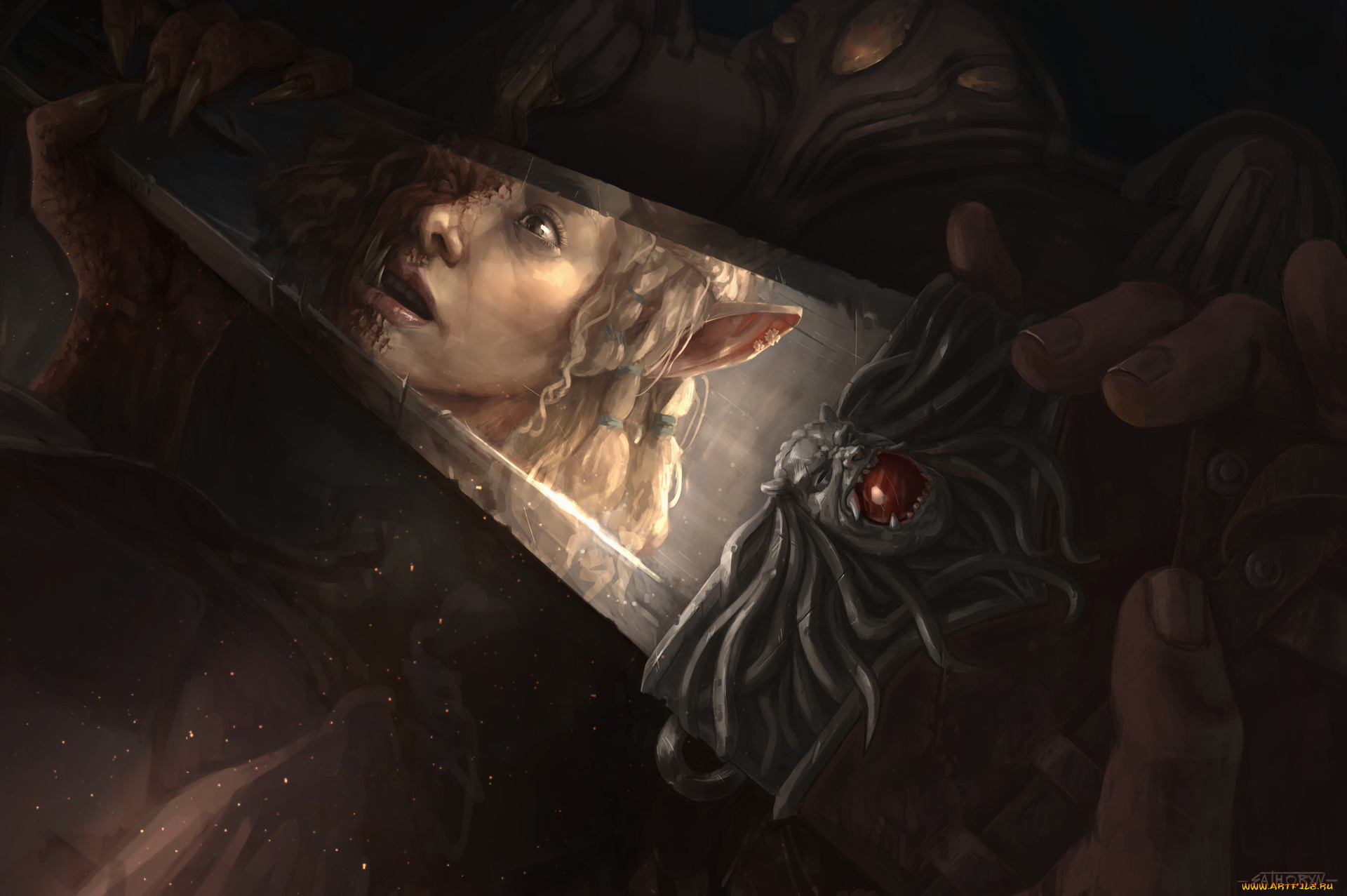 фэнтези, демоны, лицо, отражение, эльф, взгляд, испуг, fantasy, фэнтази, арт