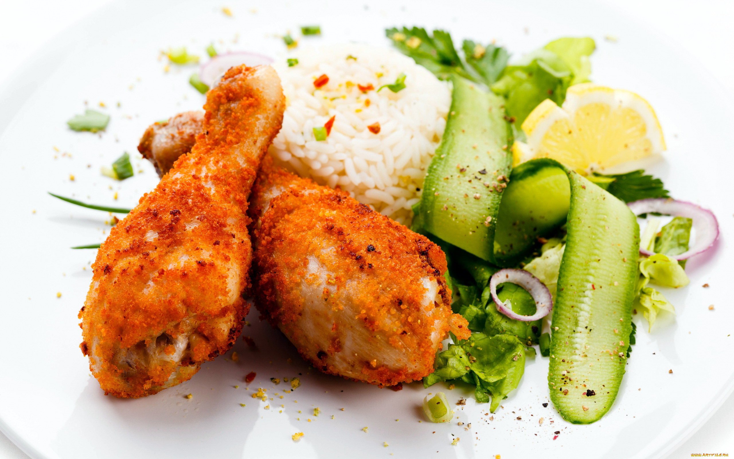 еда, мясные, блюда, куриные, ножки, панировка, огурец, рис, лук