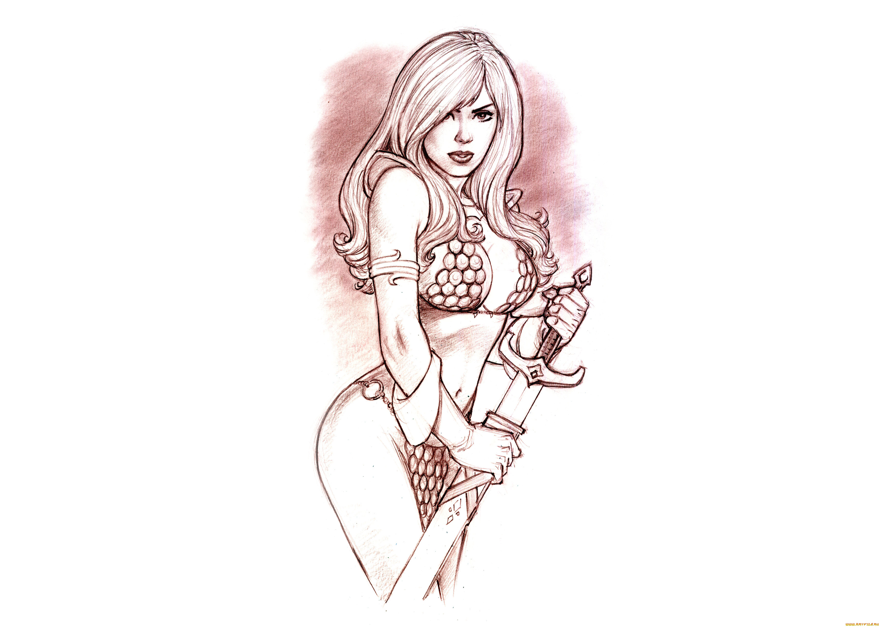 рисованное, комиксы, кольчуга, девушка, фон, взгляд, скетч, меч