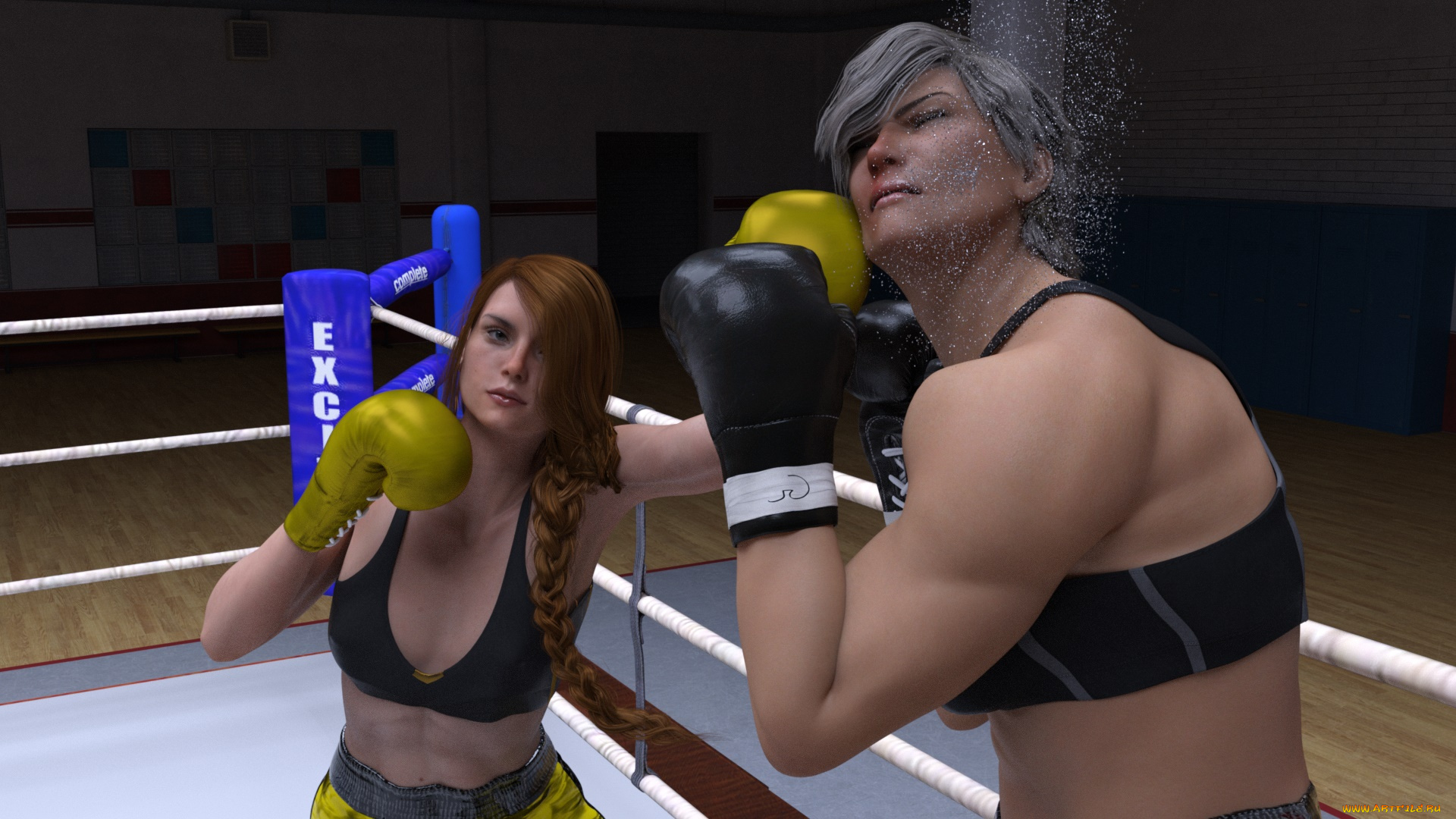 3д, графика, спорт, , sport, девушки, взгляд, фон, грудь, ринг, бокс