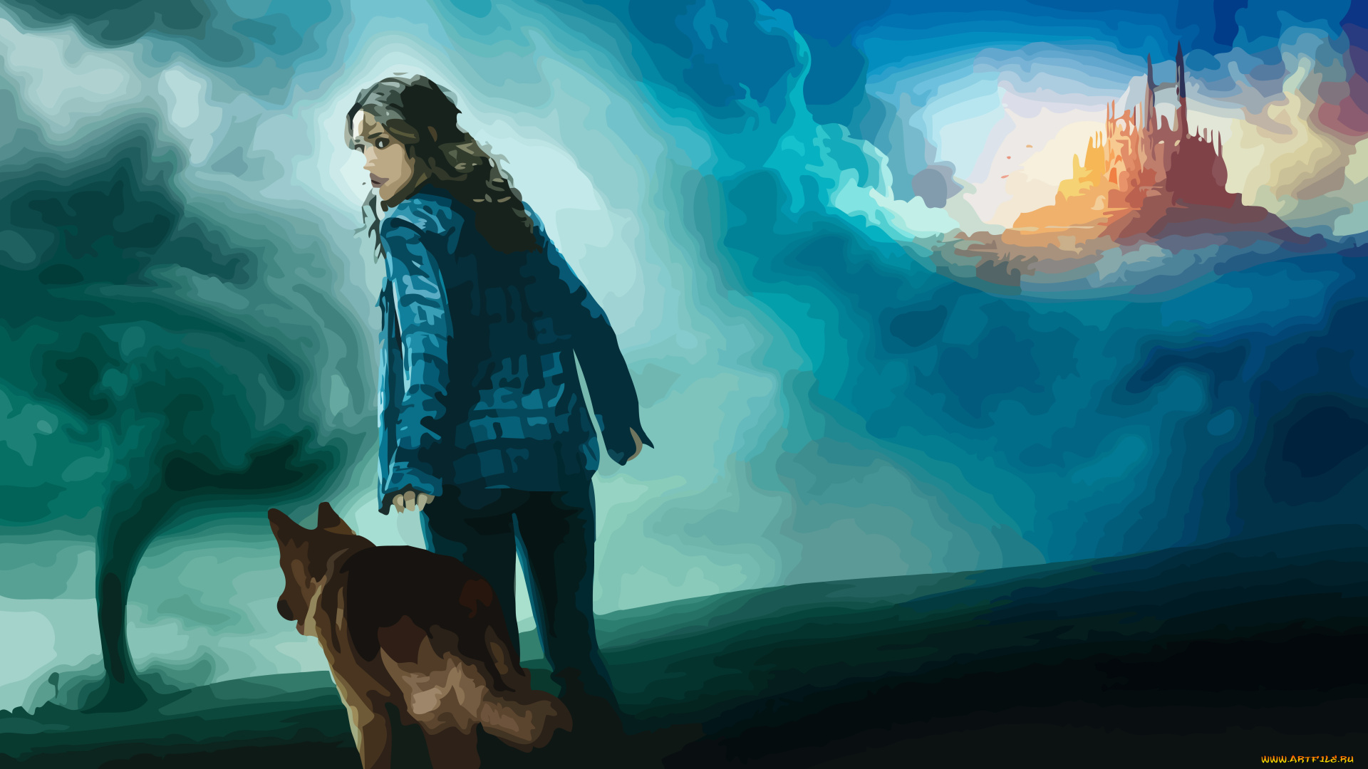 рисованное, люди, девушка, собака, фон, взгляд