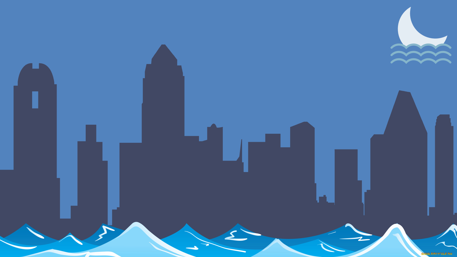 векторная, графика, город, , city, волны, дома, город