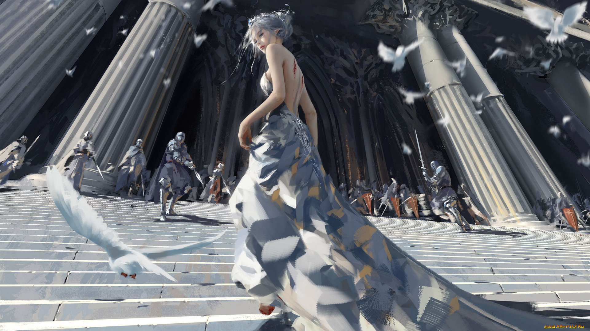 фэнтези, _ghost, blade, , , призрачный, клинок, рыцари, лестница, голуби, девушка, фон, взгляд