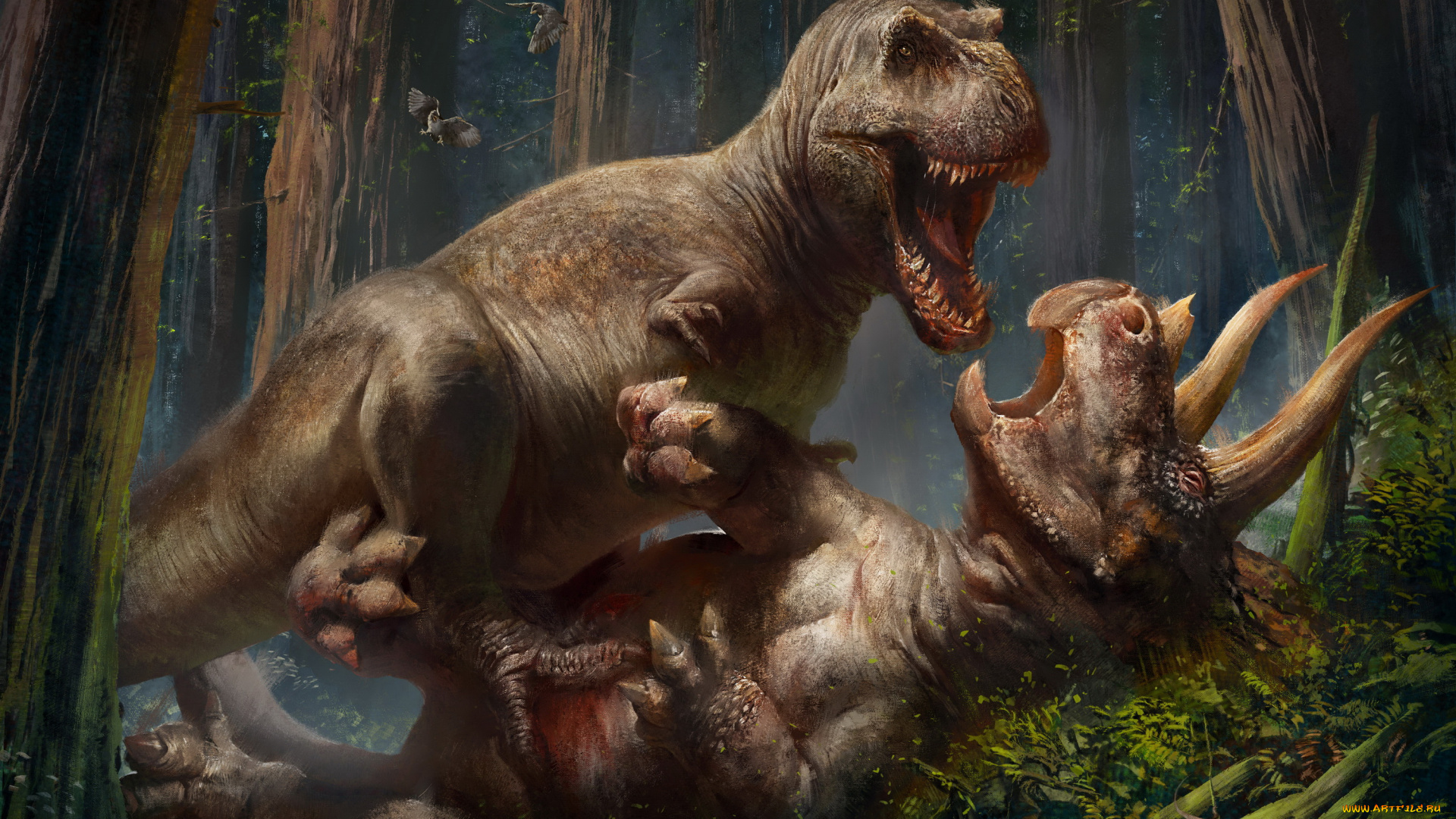 рисованное, животные, , доисторические, драка, существа, лес, фон