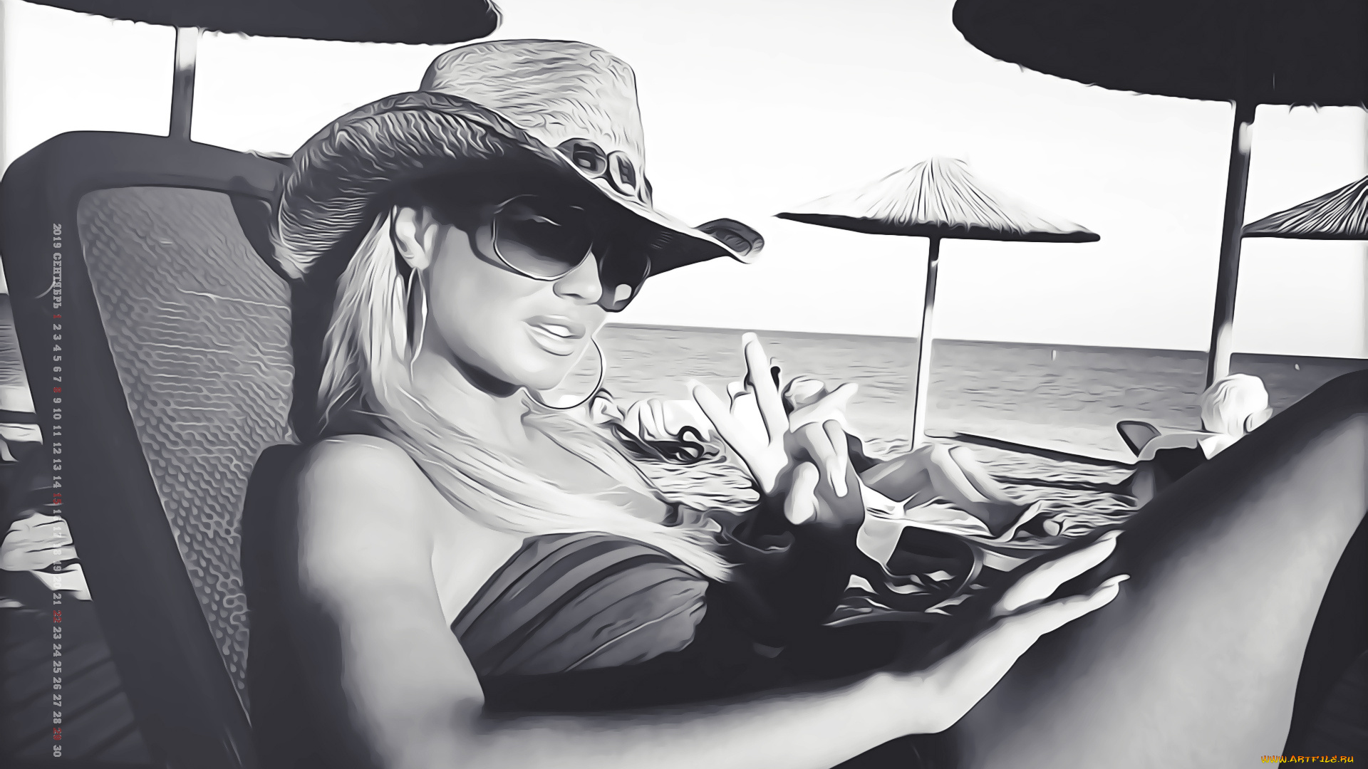 календари, компьютерный, дизайн, 2019, calendar, жест, женщина, девушка, пляж, очки, шляпа