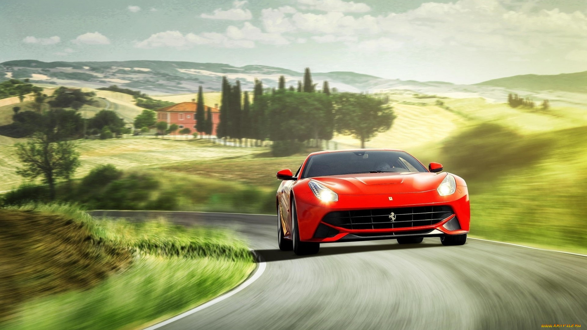 автомобили, ferrari, феррари, красный, дорога, тоскана