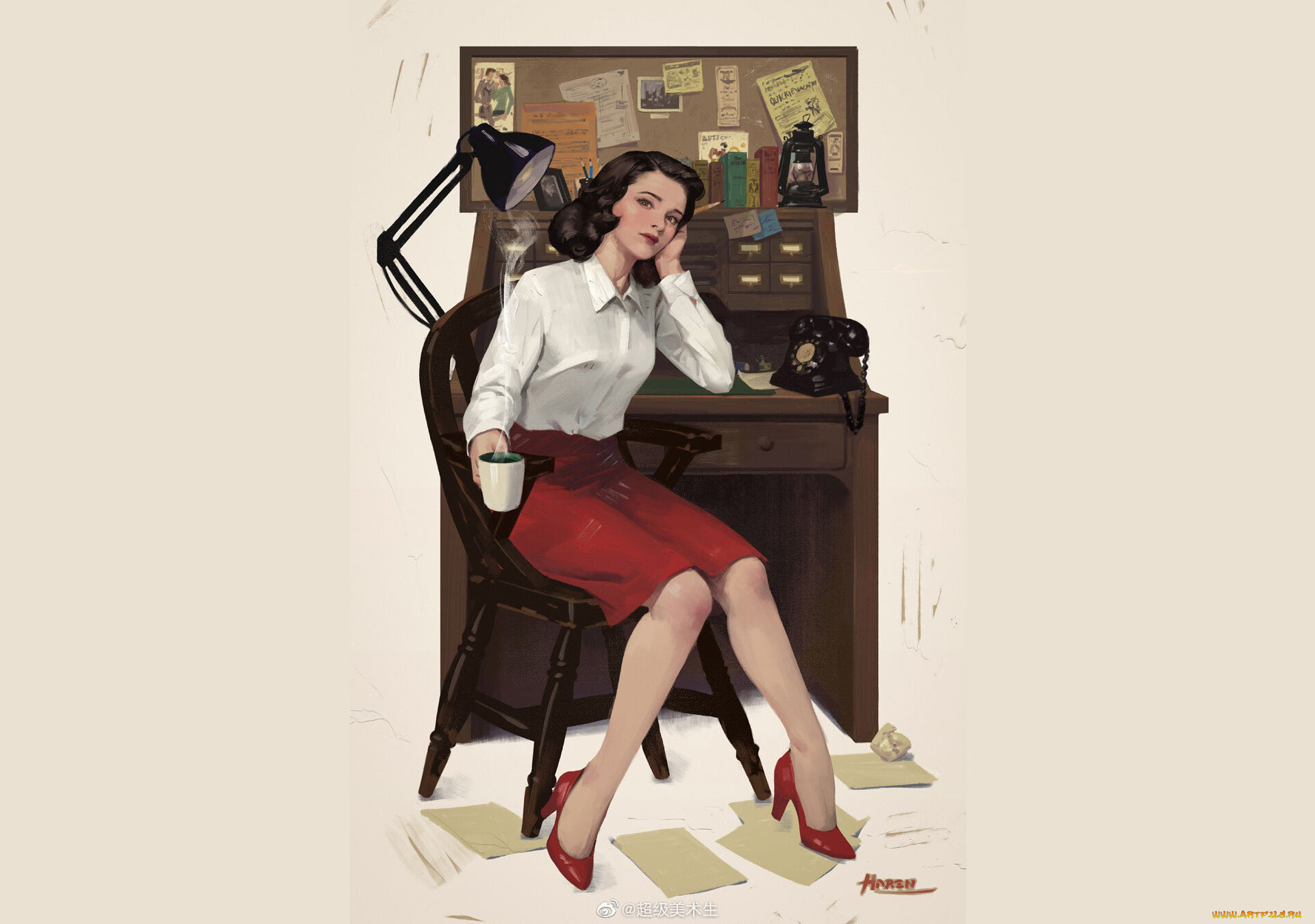 рисованное, люди, девушка, блузка, юбка, каблуки, чашка, стол