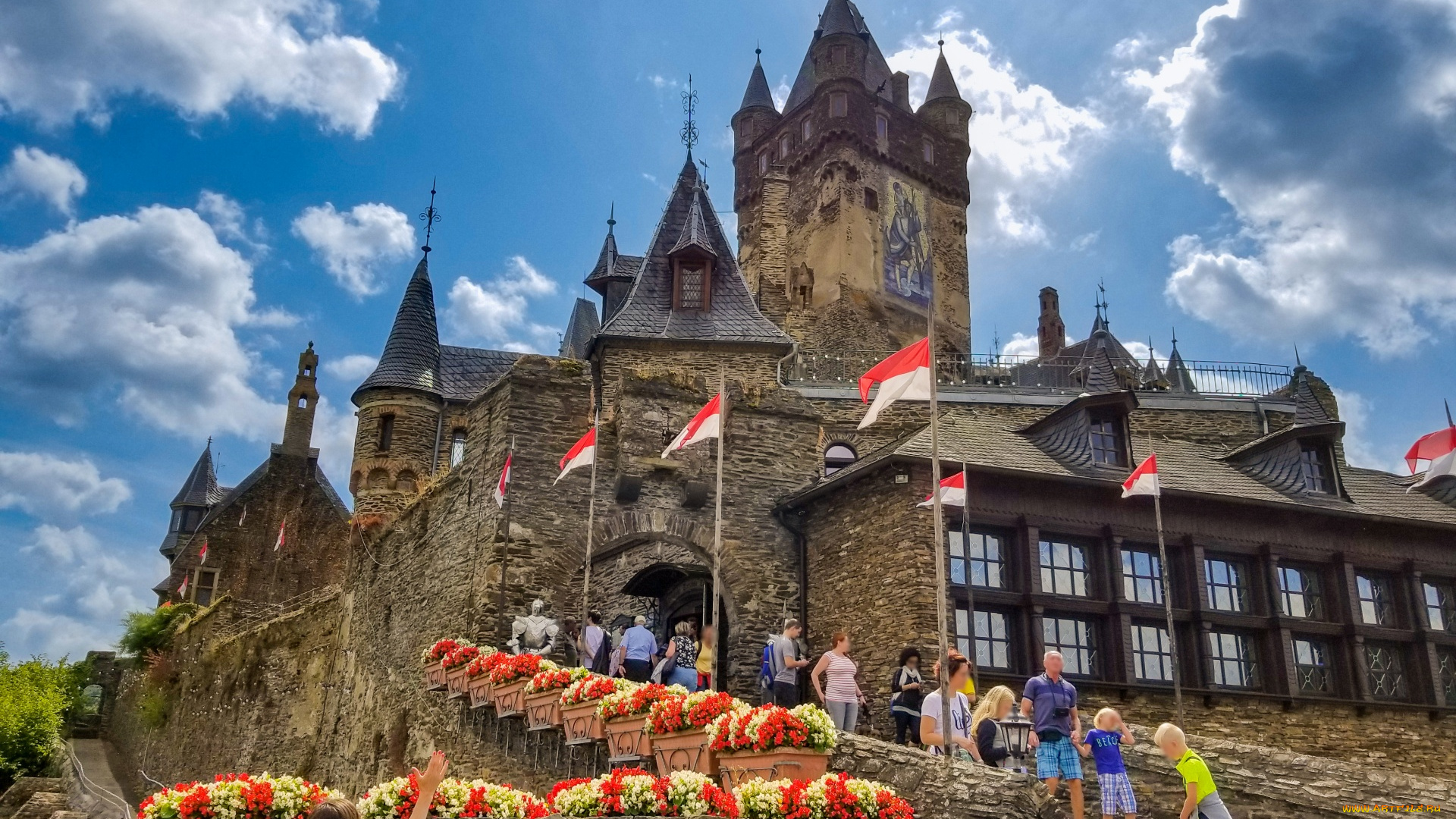 города, кохем, , германия, замок, туристы