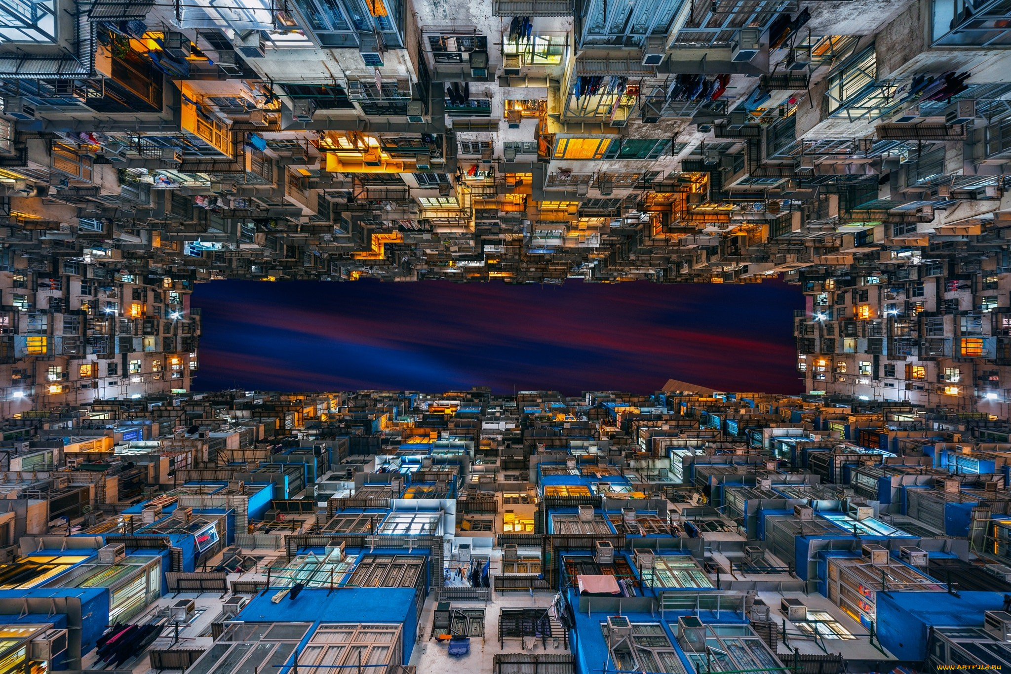 города, гонконг, , китай, гонконг, апартаменты, городской, вид, снизу, двoр