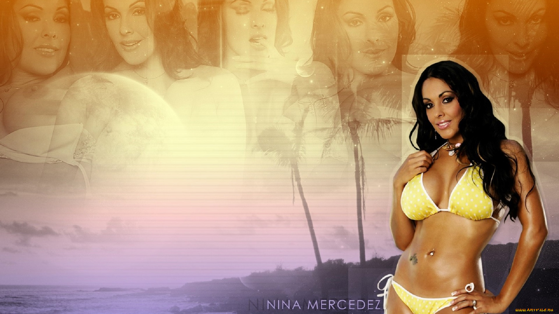 девушки, nina, mercedez, брюнетка, купальник, пирсинг, тату