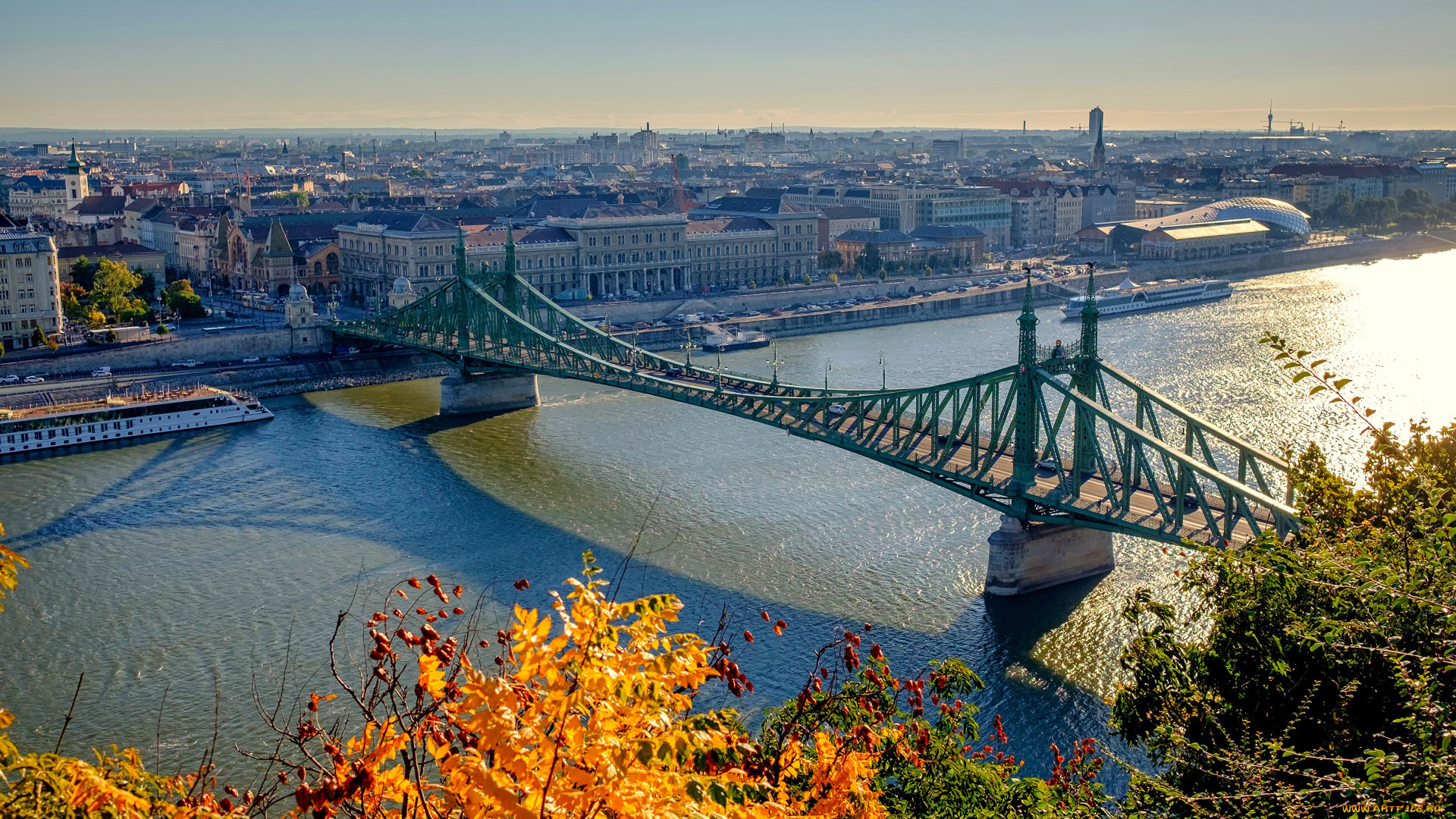 города, будапешт, , венгрия, город, панорама, мост, деревья, ветки, осень, река