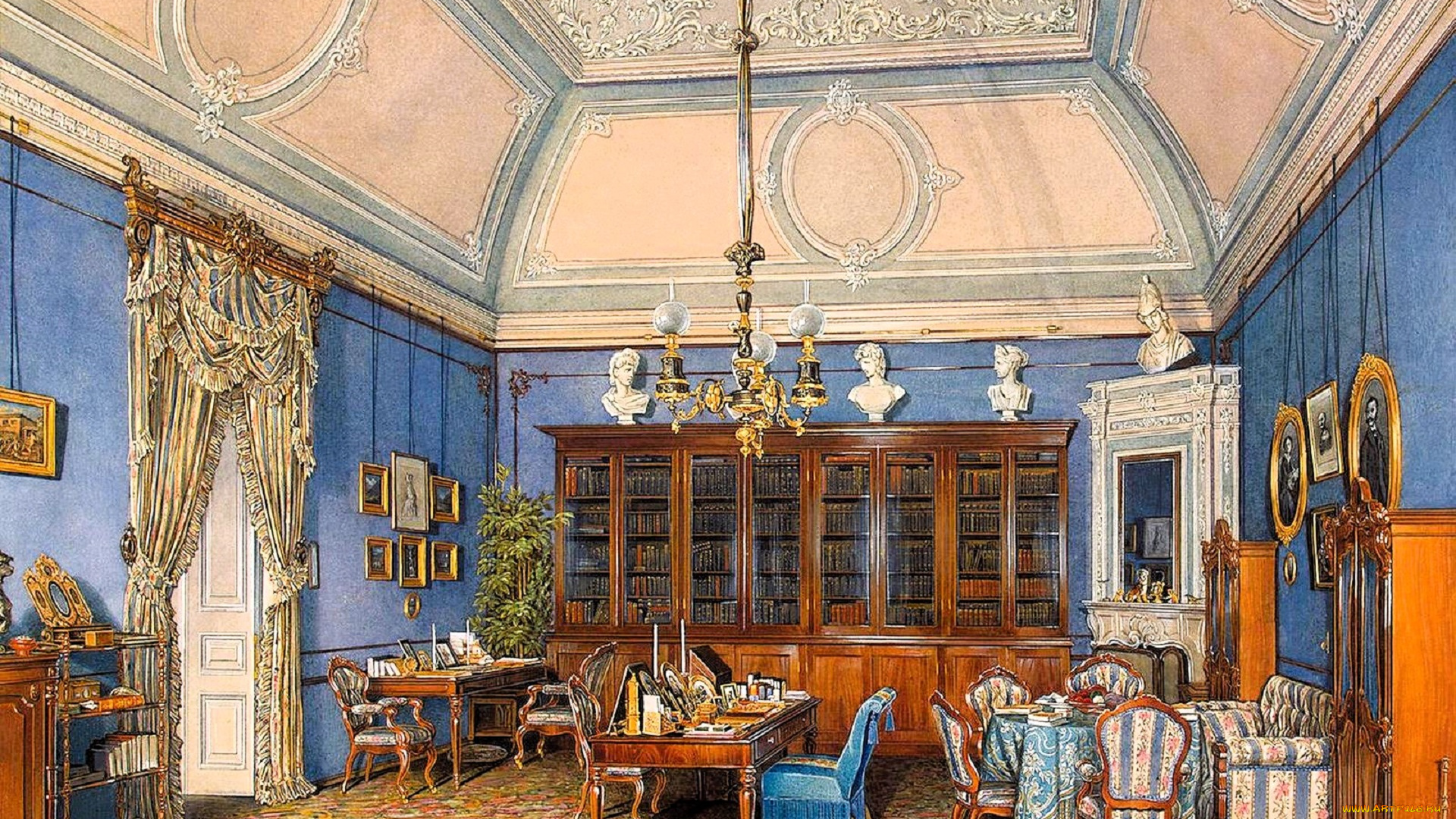 рисованное, эдуард, гау, дворец, интерьер, зал, свод, лепнина, люстра, стулья, столы, ковер, шкаф, кресла