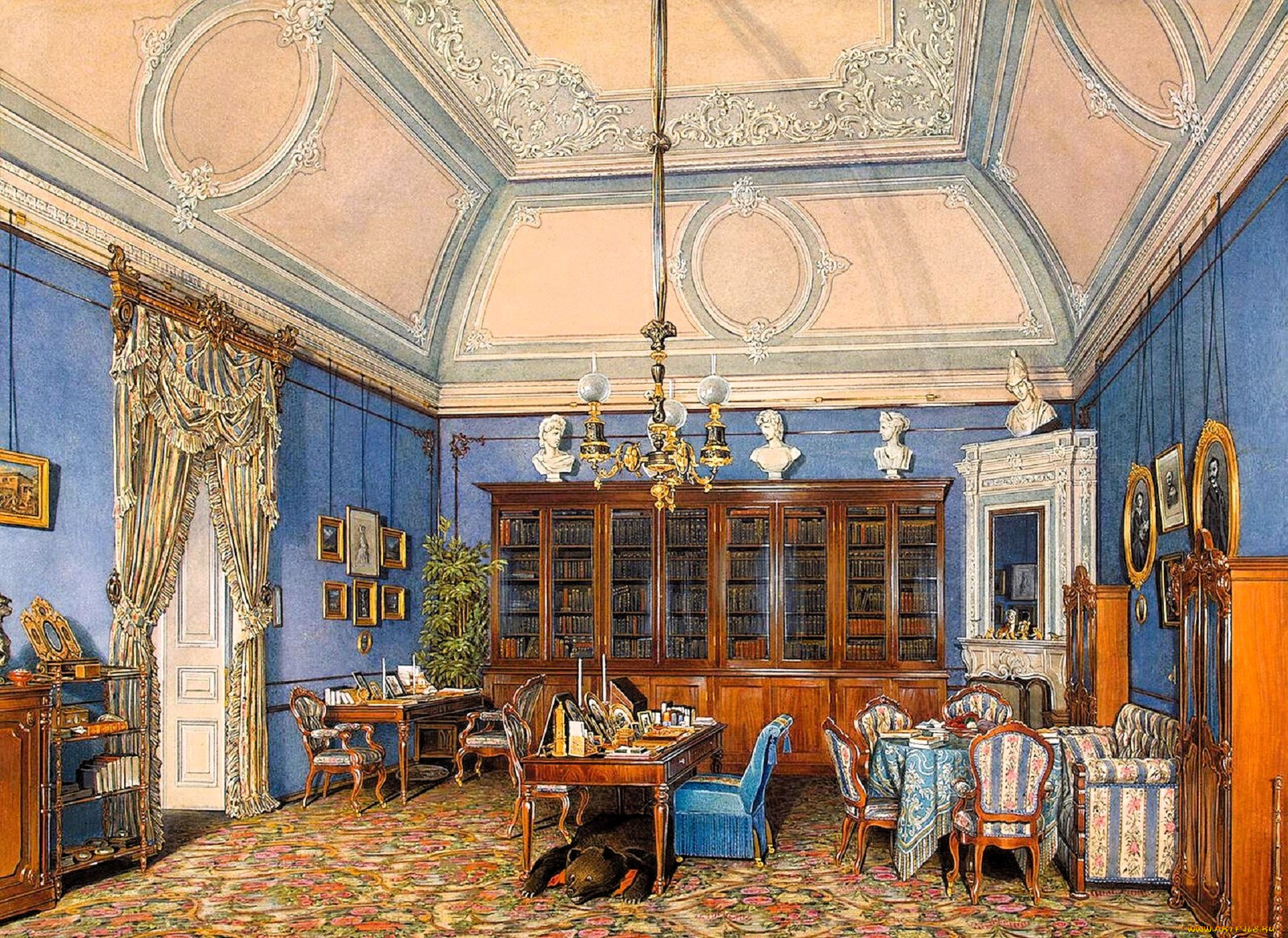 рисованное, эдуард, гау, дворец, интерьер, зал, свод, лепнина, люстра, стулья, столы, ковер, шкаф, кресла