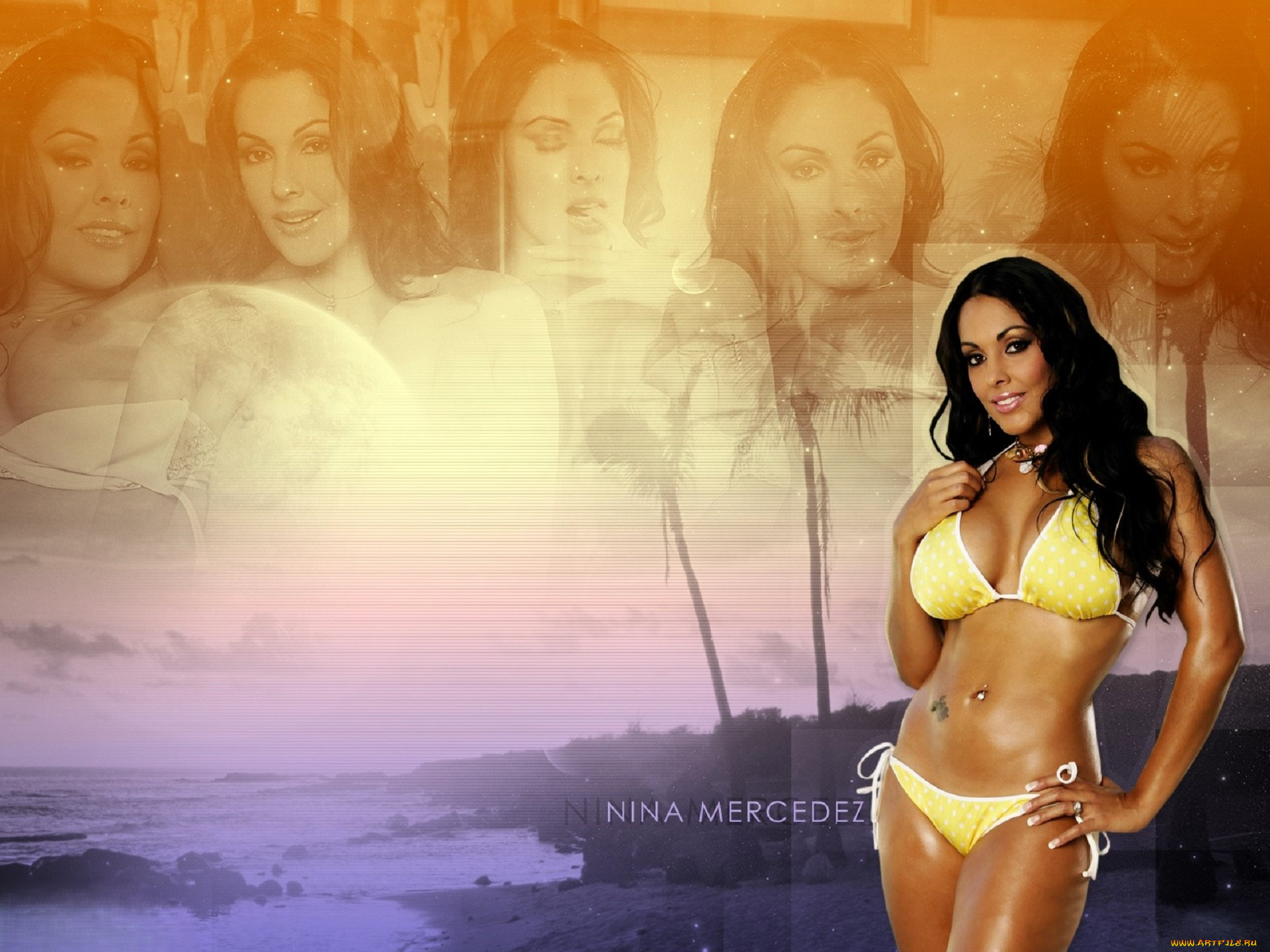 девушки, nina, mercedez, брюнетка, купальник, пирсинг, тату
