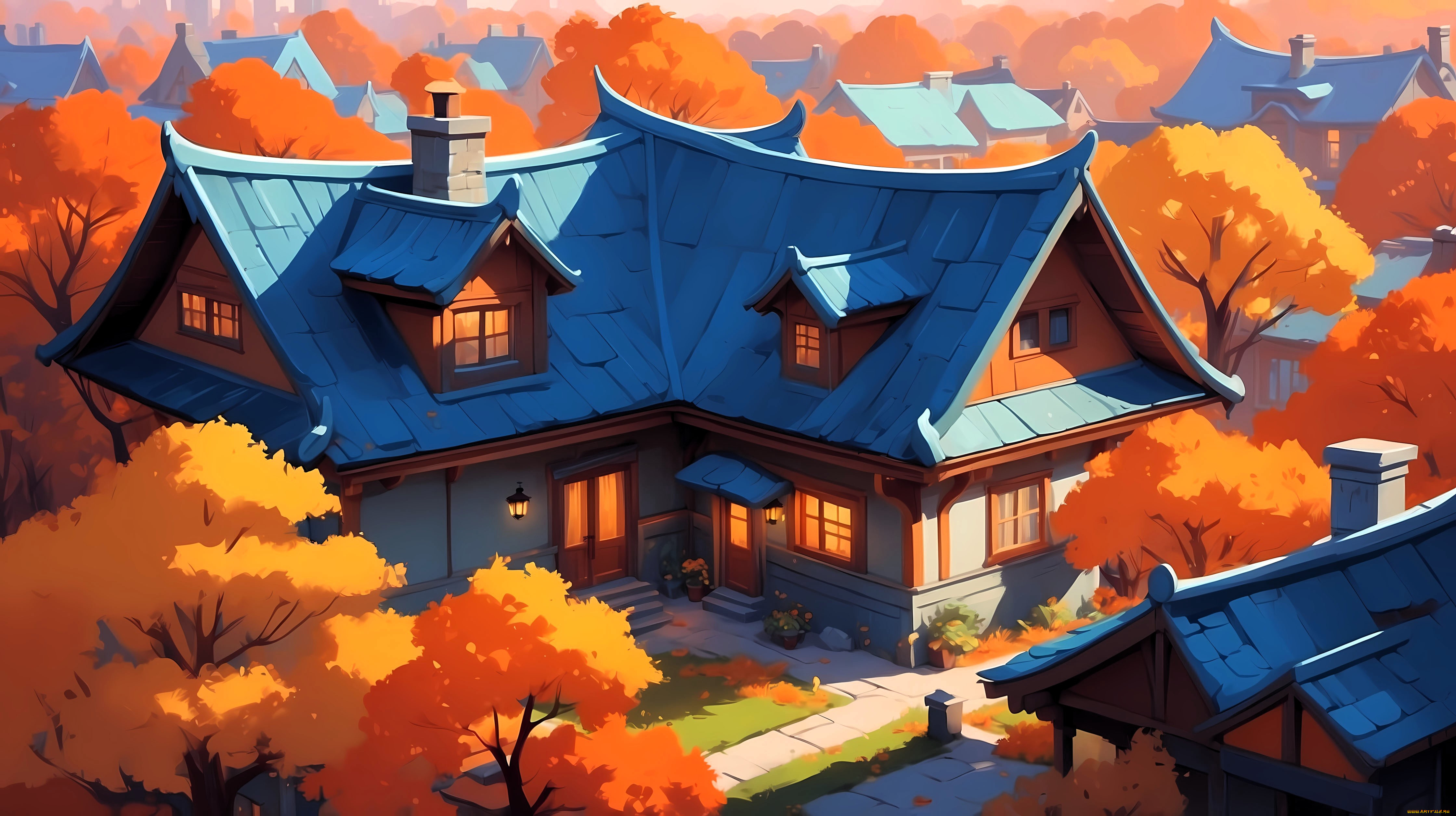 рисованное, города, дома, поселок, осень, деревья