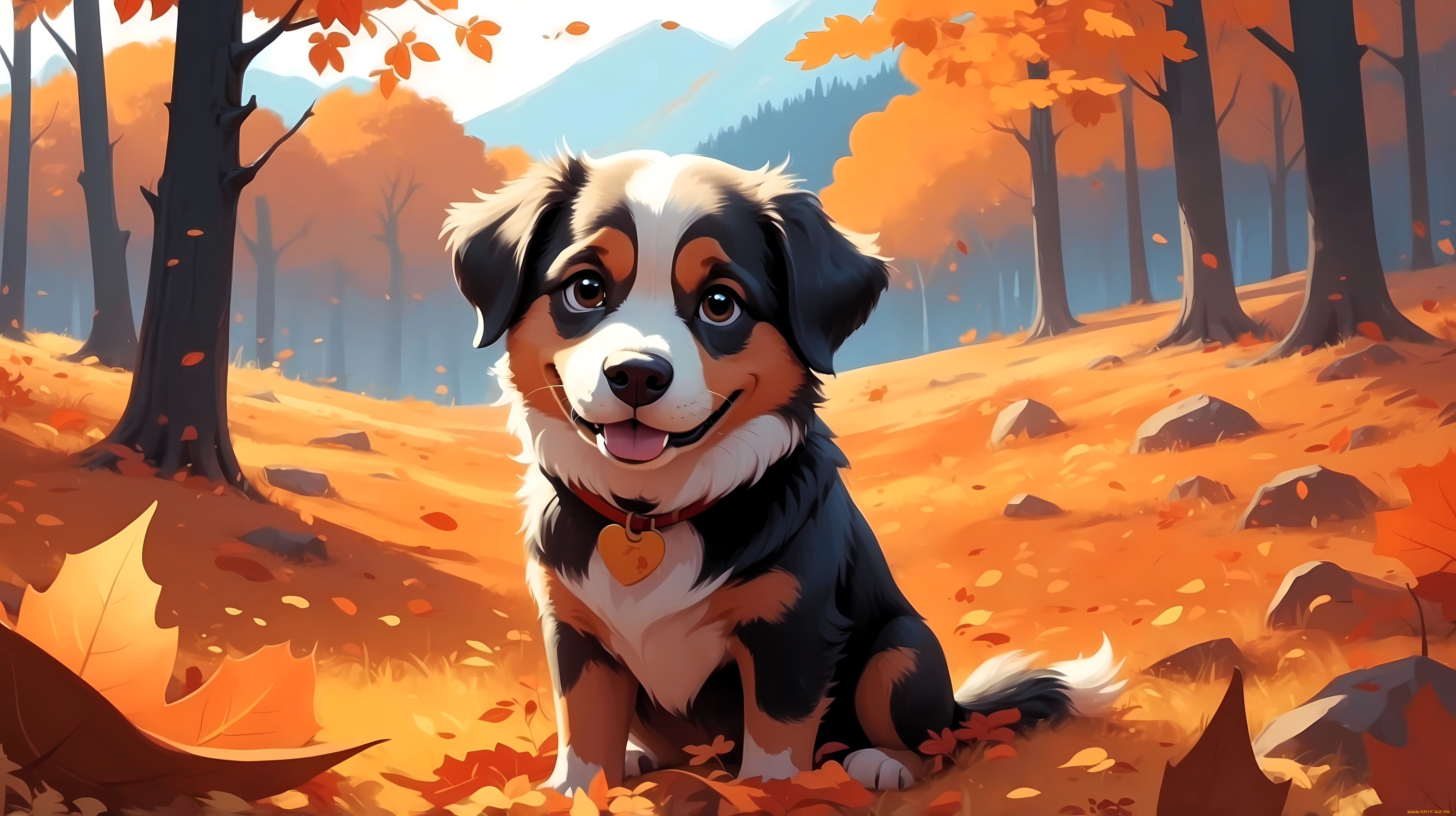 рисованное, животные, , собаки, собака, ошейник, осень, горы, листья, деревья, лес