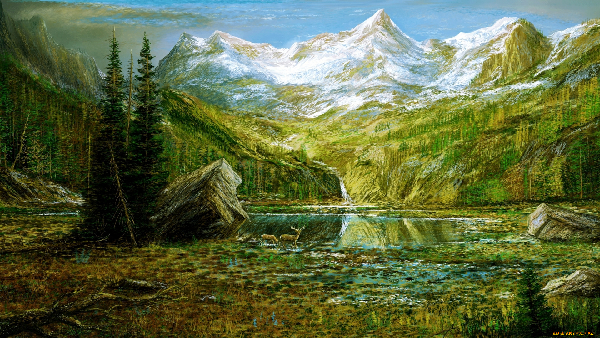 рисованные, природа, пейзаж, горы, олени