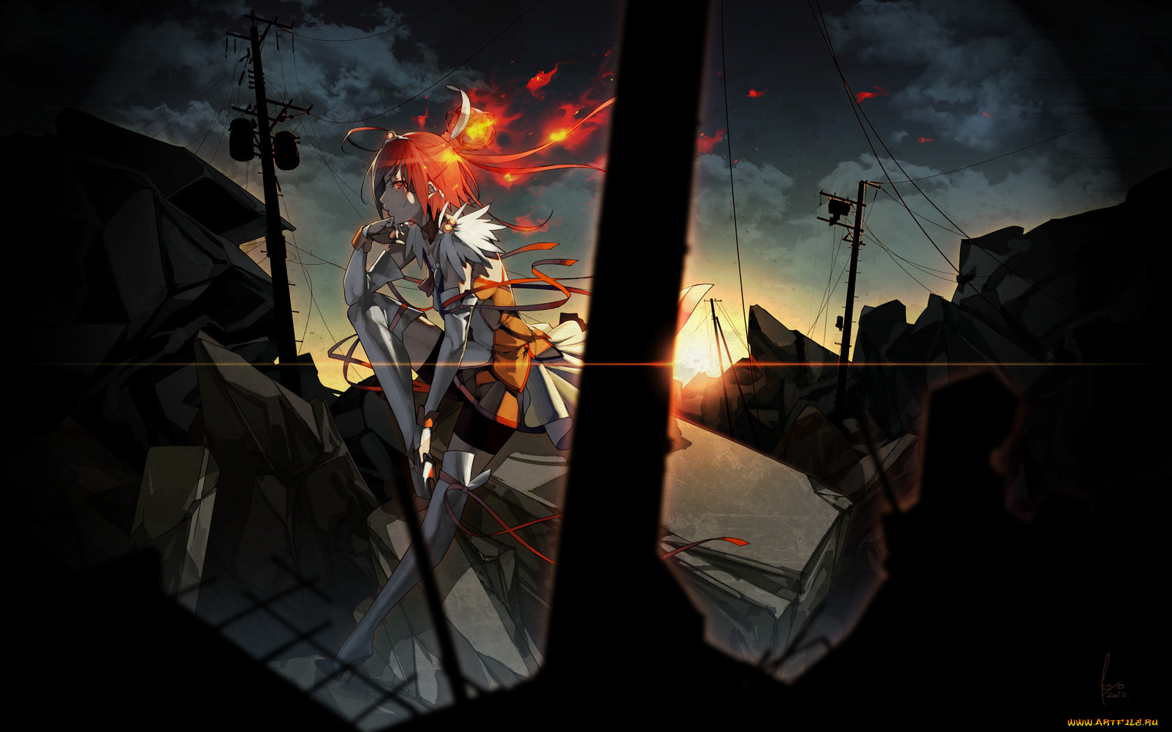 аниме, smile, precure, девушка, огонь, город, рассвет, руины