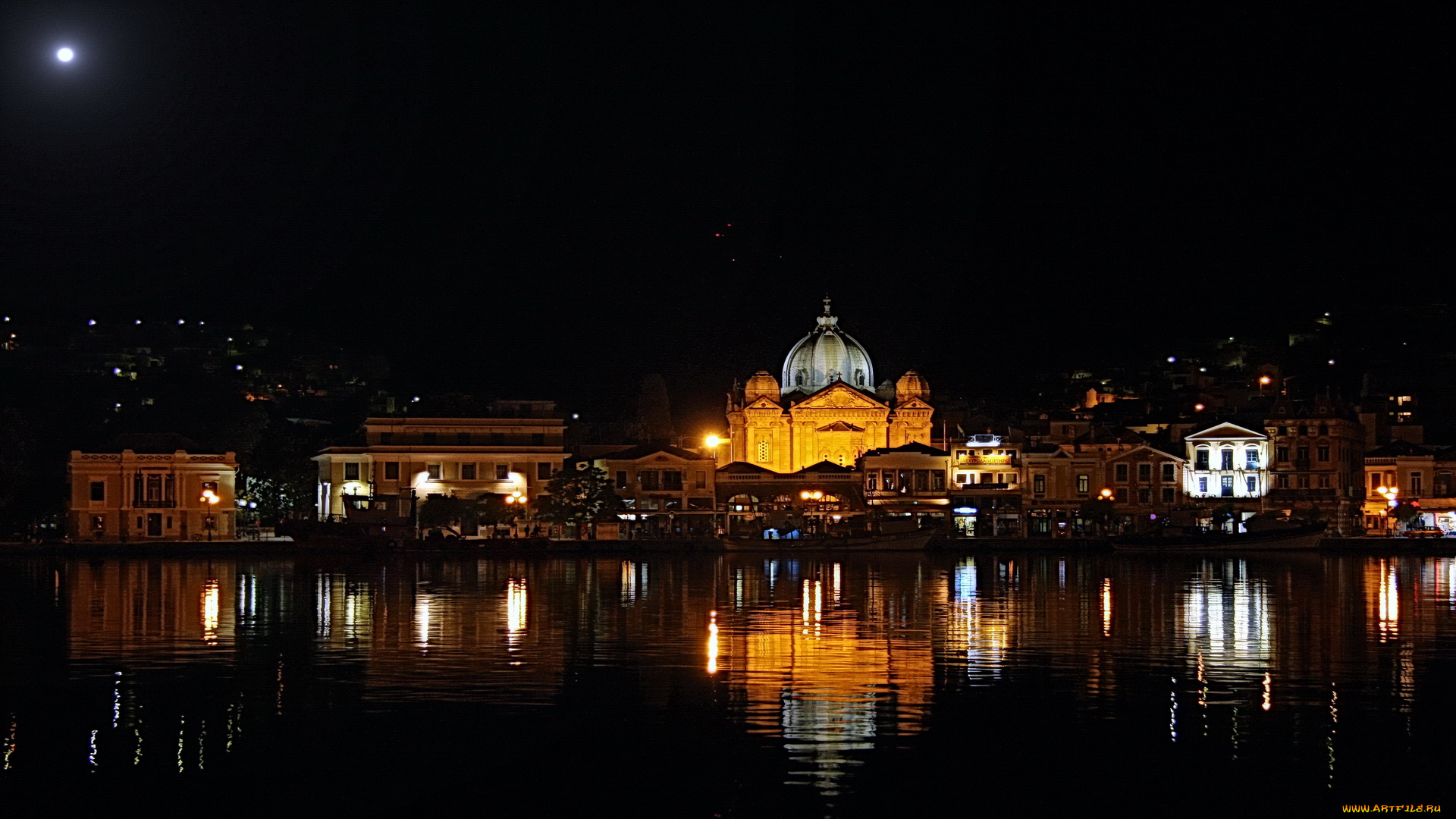 города, огни, ночного, дома, река, ночь