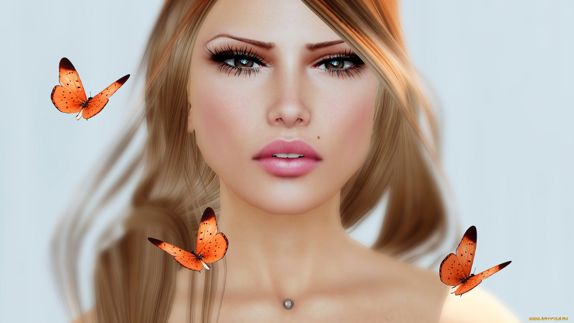 3д, графика, portraits, портрет, бабочки, лицо