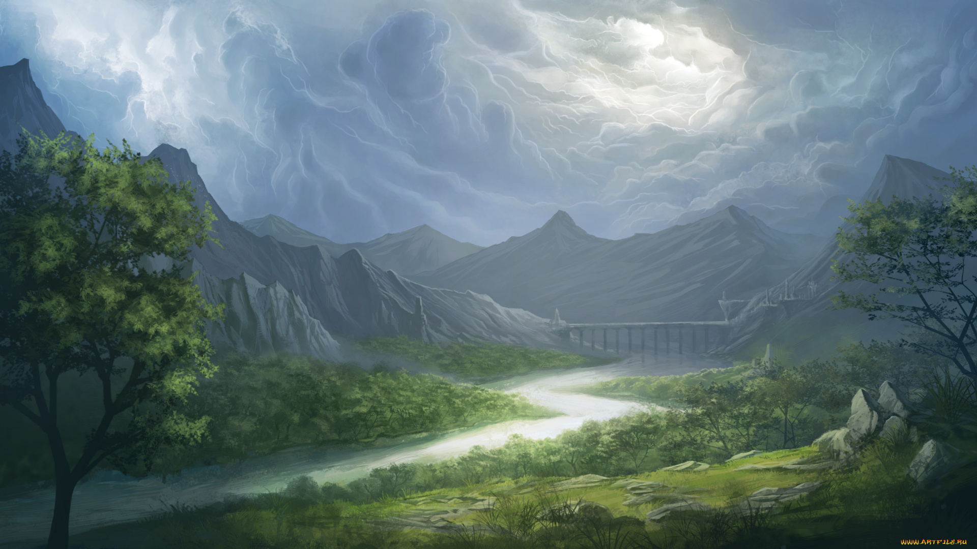 рисованные, bruce, mashbat, деревья, трава, река, облака, мост, горы, долина, пейзаж, небо
