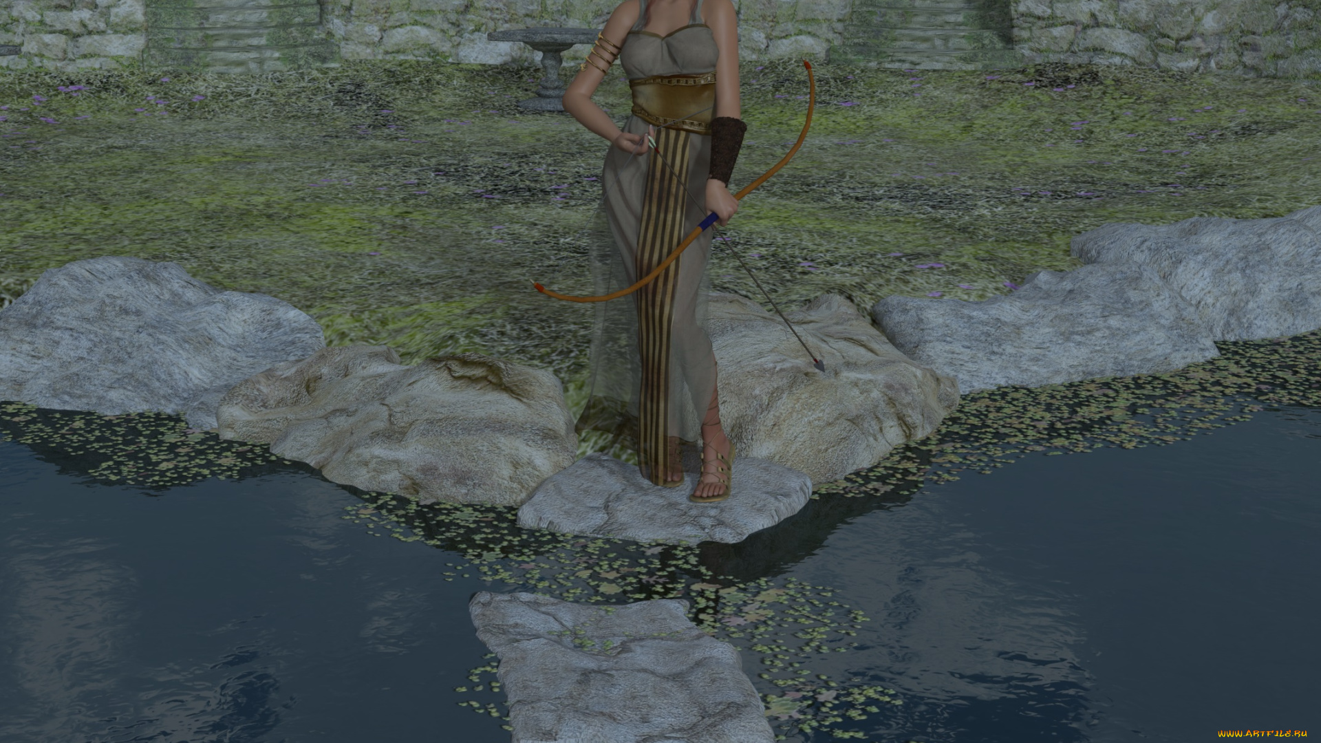3д, графика, амазонки, , amazon, взгляд, девушка, вода, лук