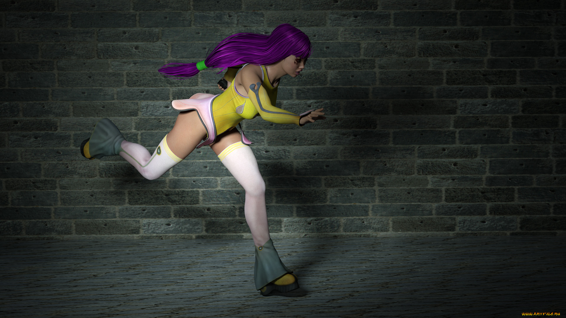 3д, графика, люди, , people, девушка, бег, стена, ночь