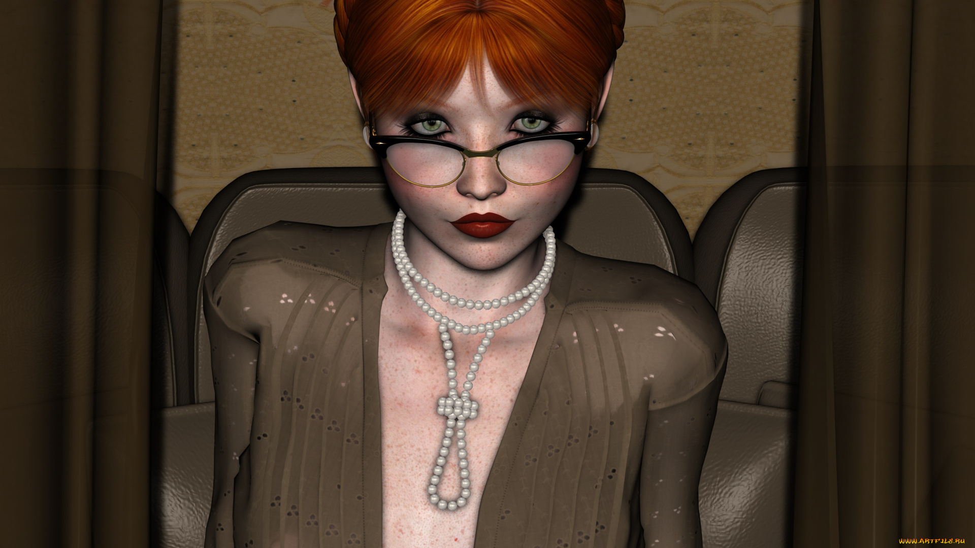 3д, графика, люди, , people, девушка, взгляд, фон, рыжая, очки