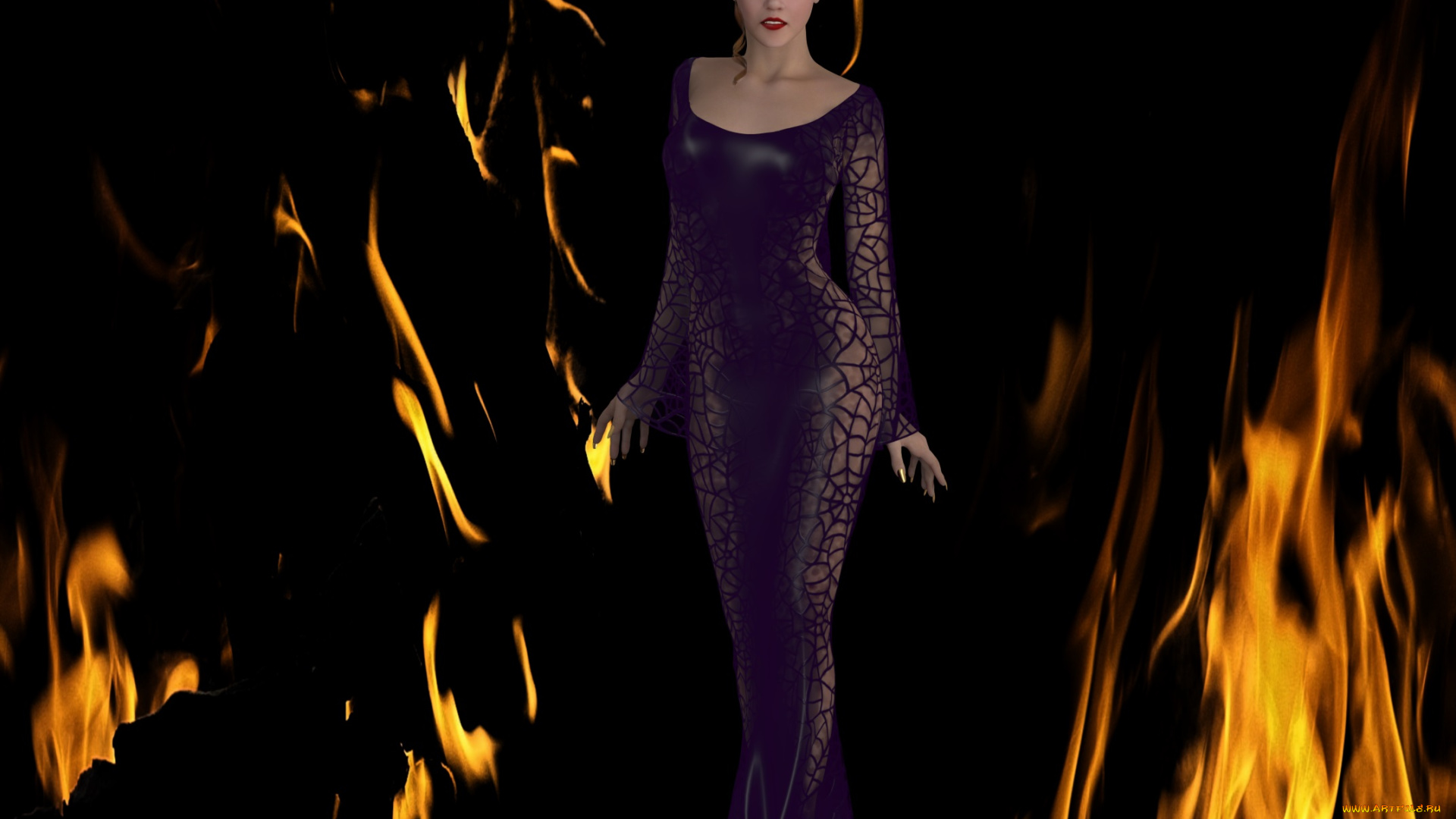 3д, графика, люди, , people, огонь, платье, взгляд, девушка