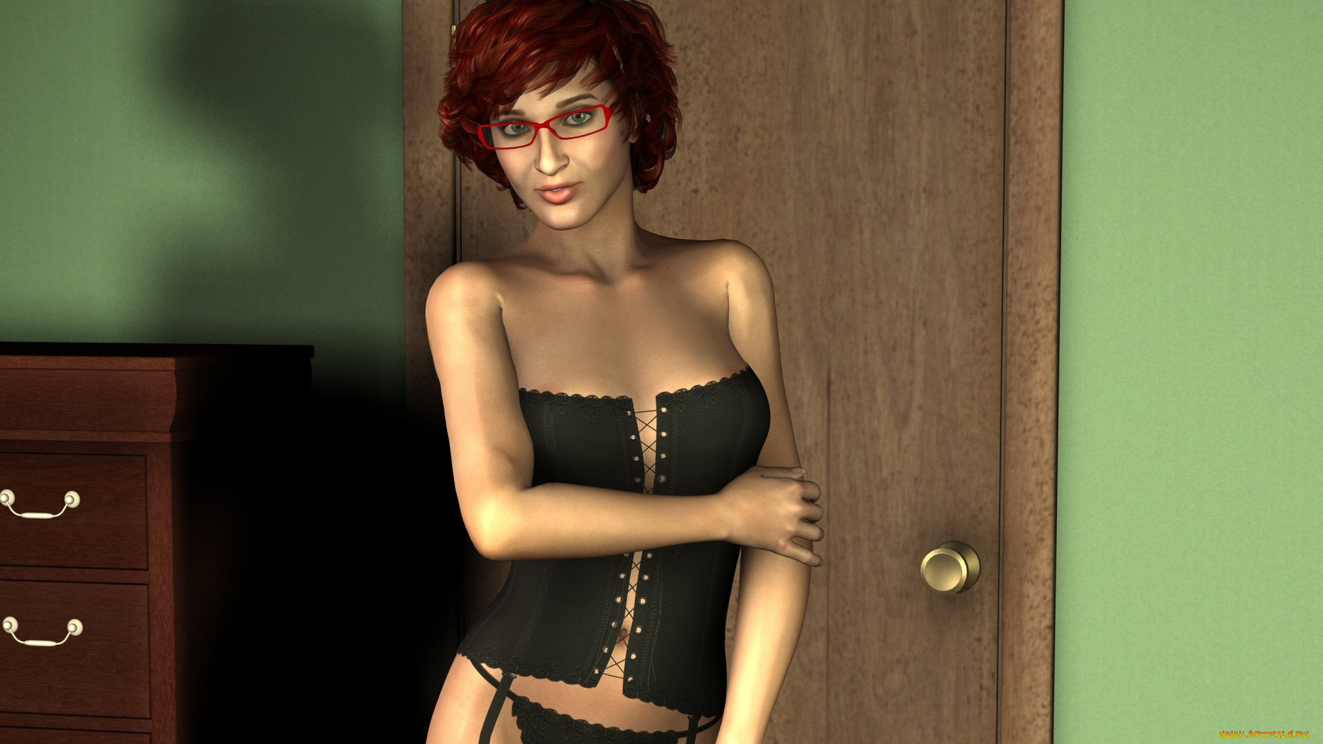 3д, графика, люди, , people, ушки, девушка, дверь, фон, взгляд