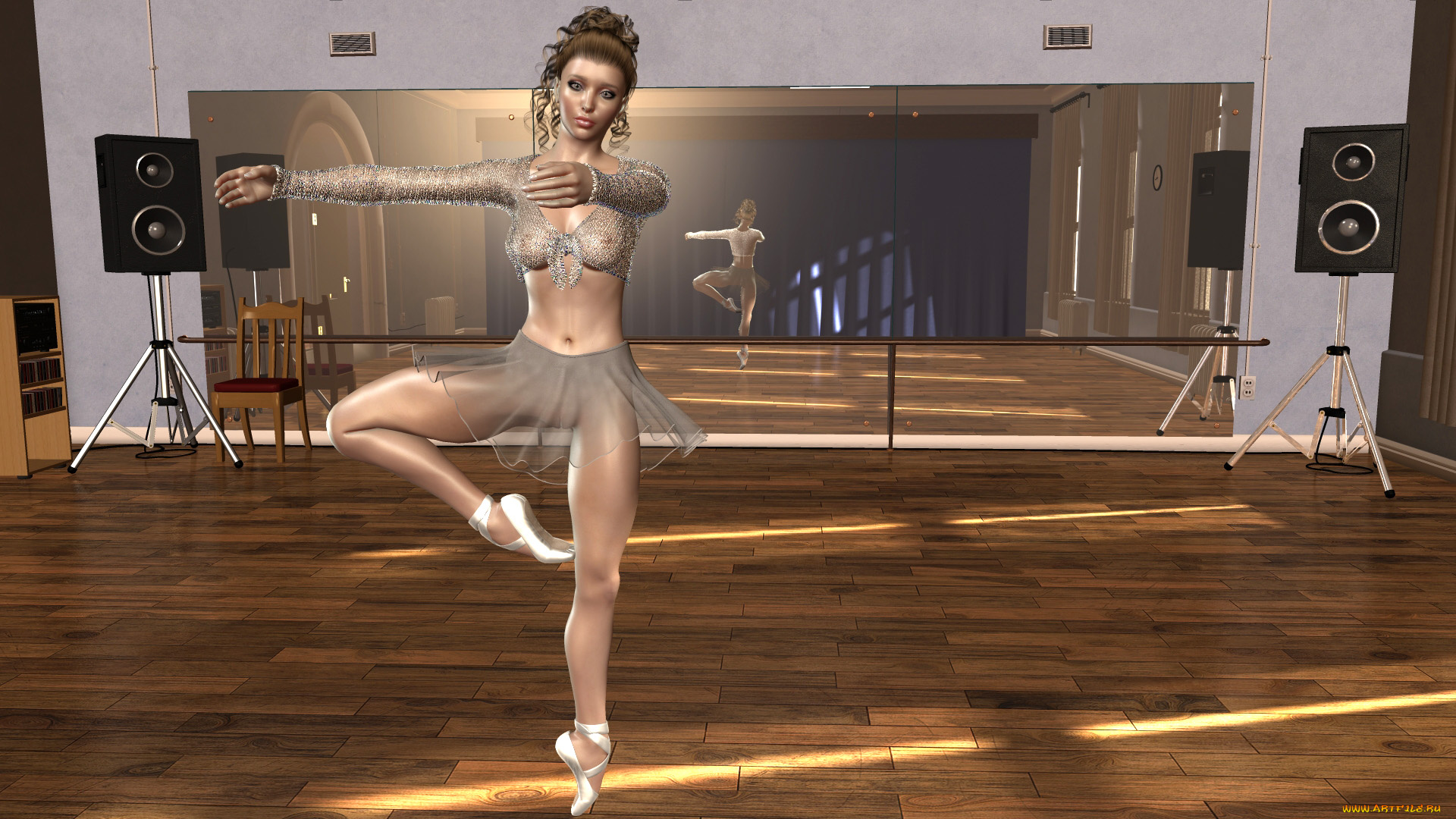 3д, графика, люди, , people, зеркала, балерина, взгляд
