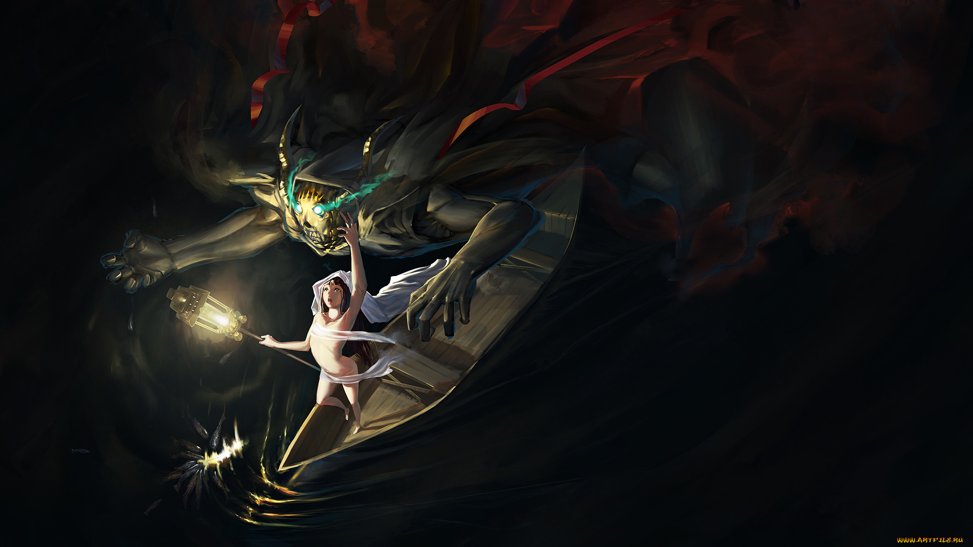 аниме, -angels, &, demons, art, karasu-san, девушка, лодка, фонарь, вода, монстр