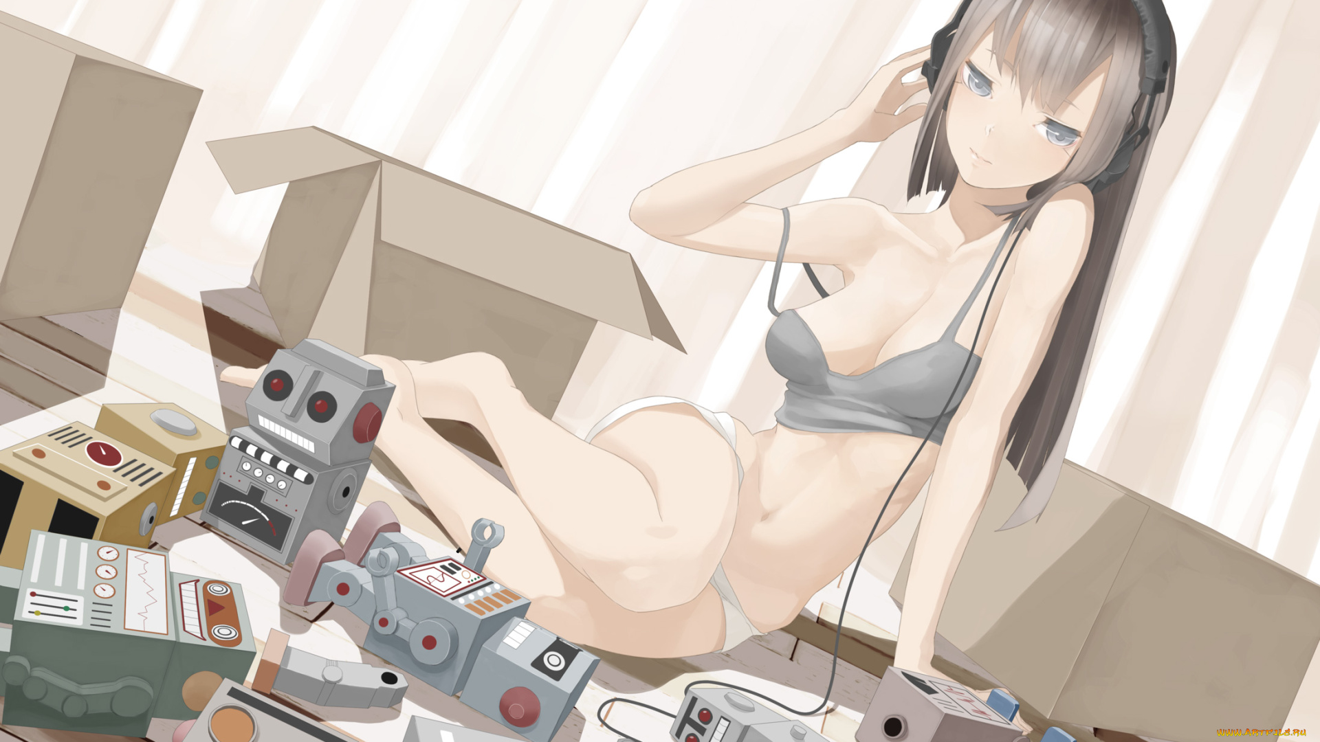 аниме, -headphones, &, instrumental, throtem, девушка, шторы, игрушки, коробки, роботы, комната, наушники
