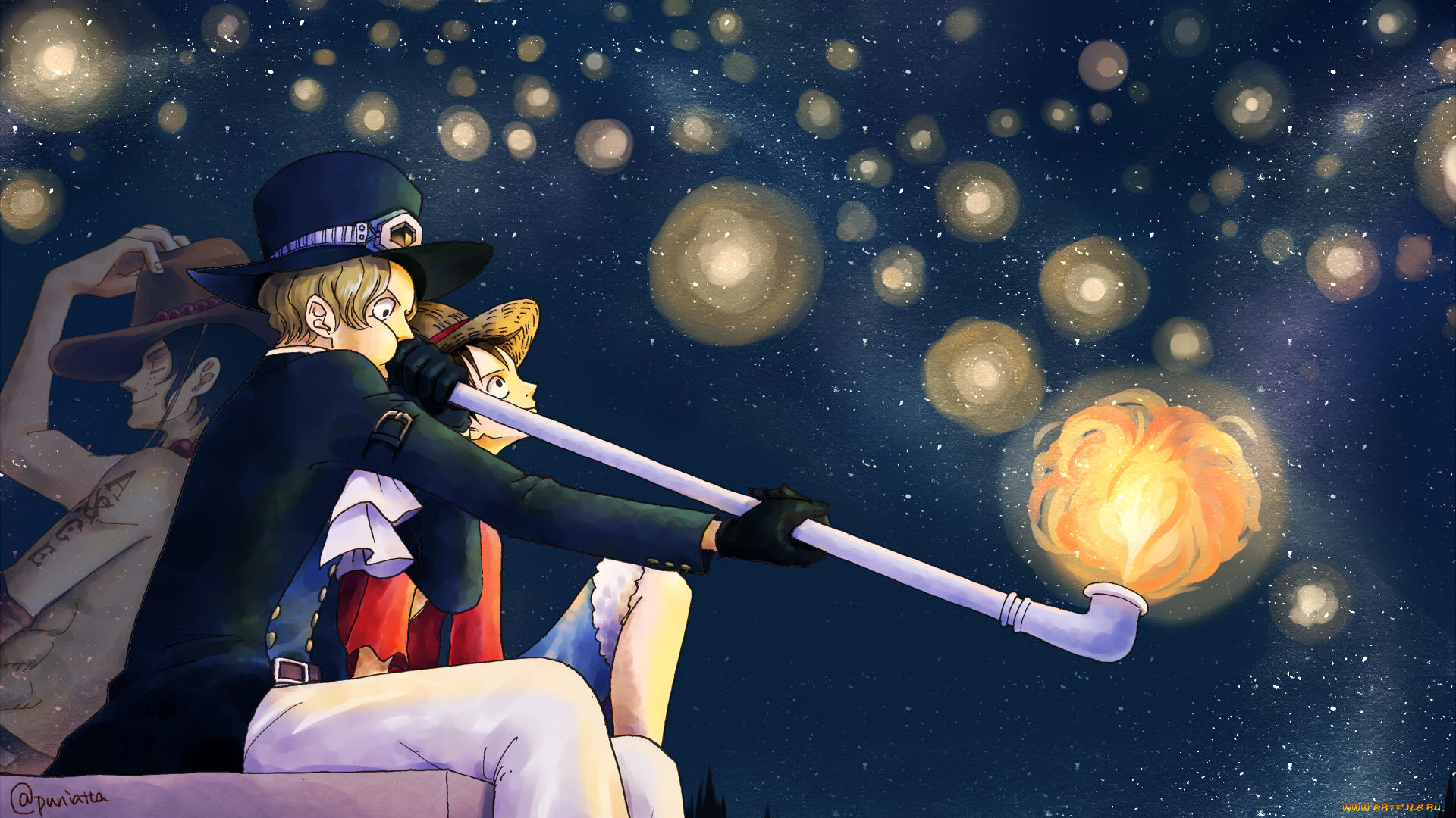 аниме, one, piece, пираты, d, monkey, братья, звезды, огни, sabo, luffy, portgas, ночь, крыша, ace