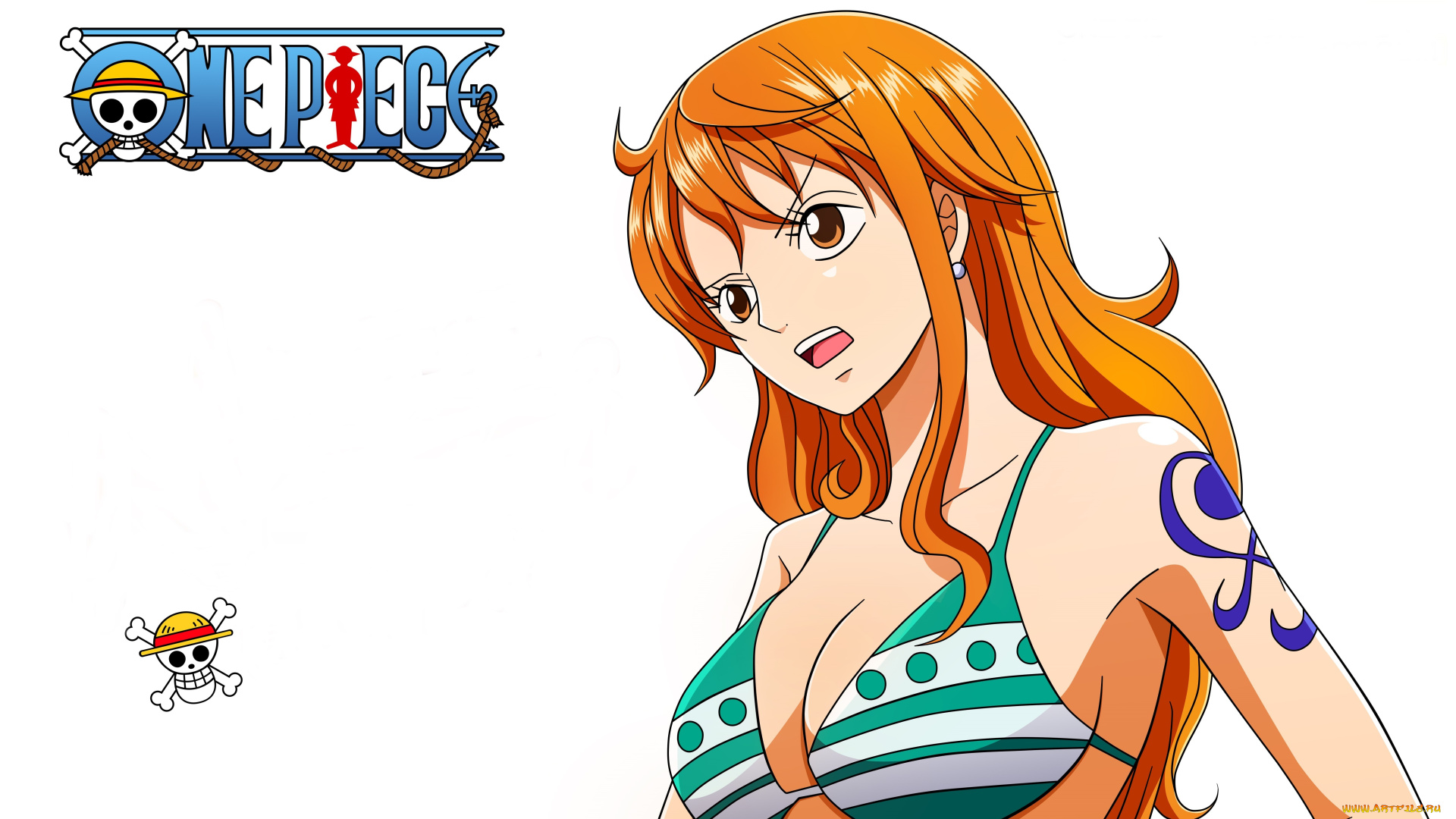 аниме, one, piece, рыжая, one, piece, девушка, bikini, купальник, белый, фон, тату, nami