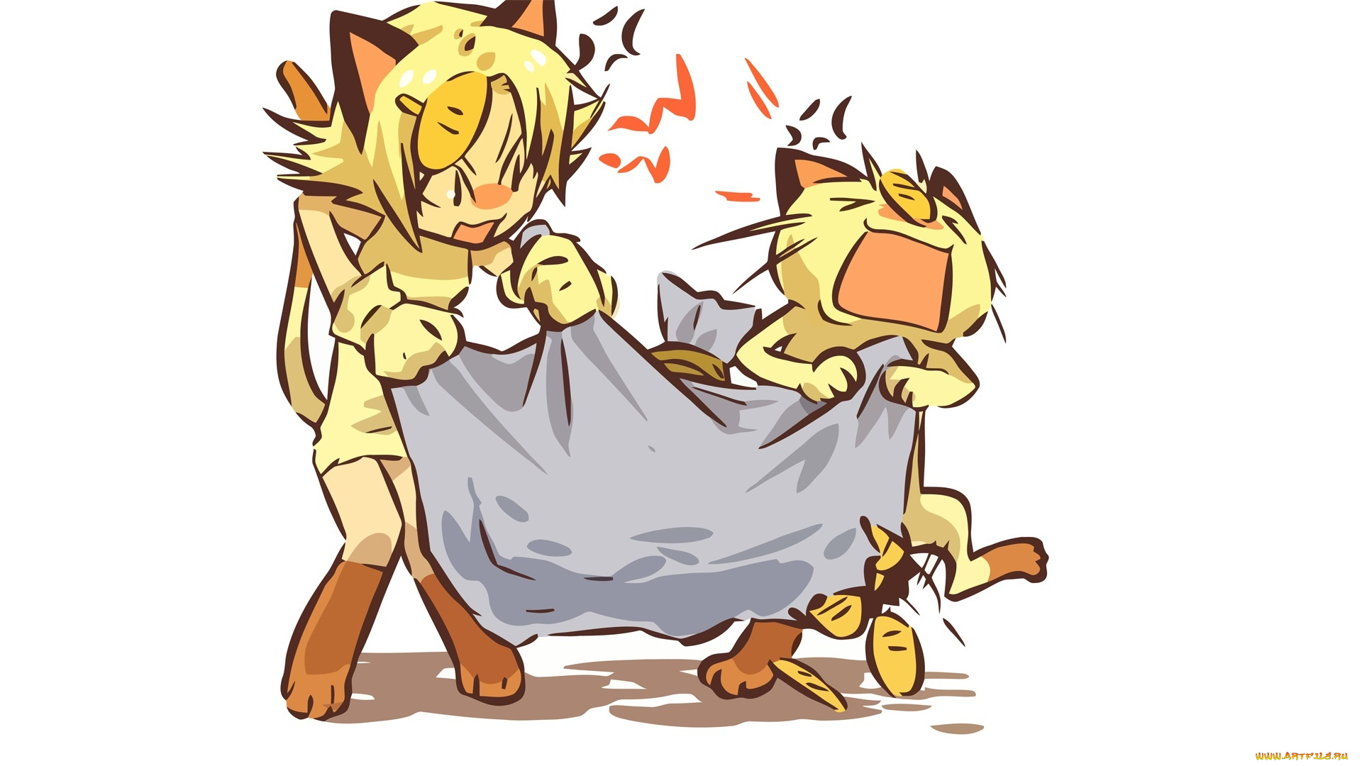 аниме, pokemon, мяут, мешок, драка, девушка, белый, фон, покемон, арт