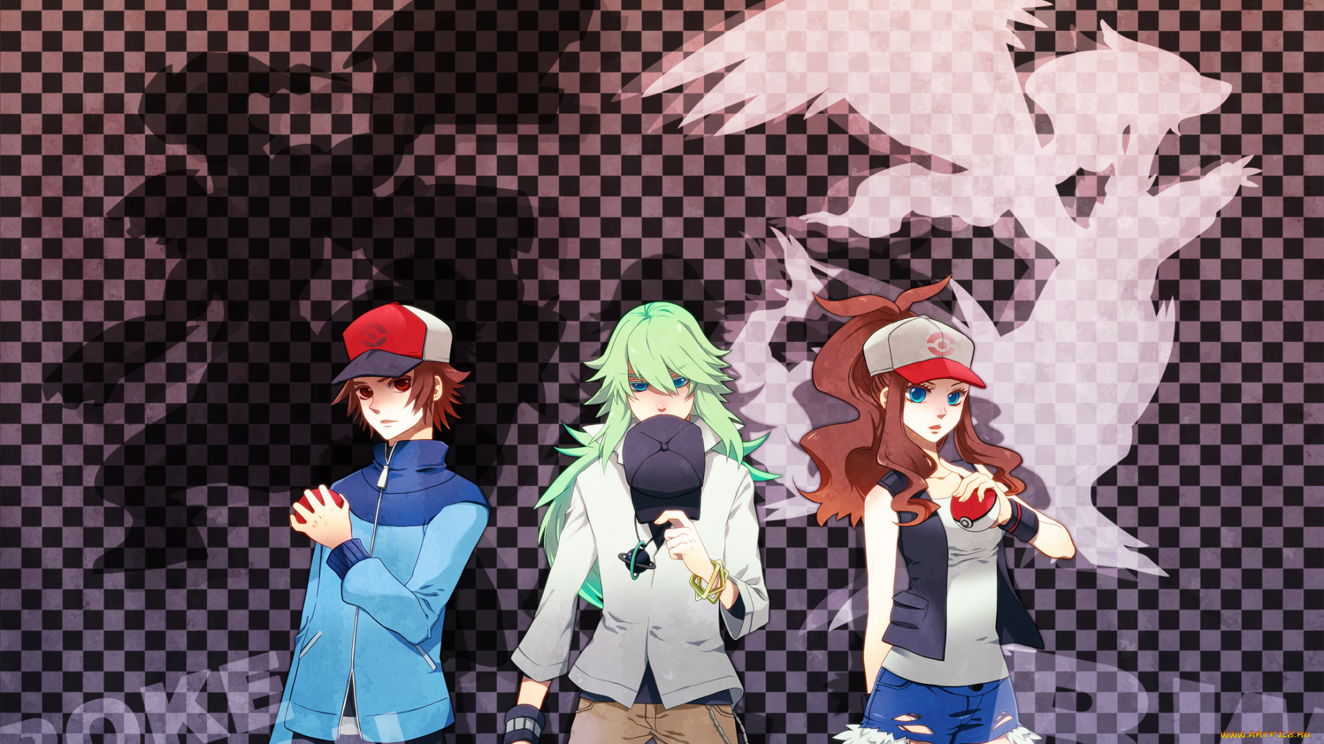 аниме, pokemon, парни, персонажи, трио, силуэты, клеточки, девушка, покемоны