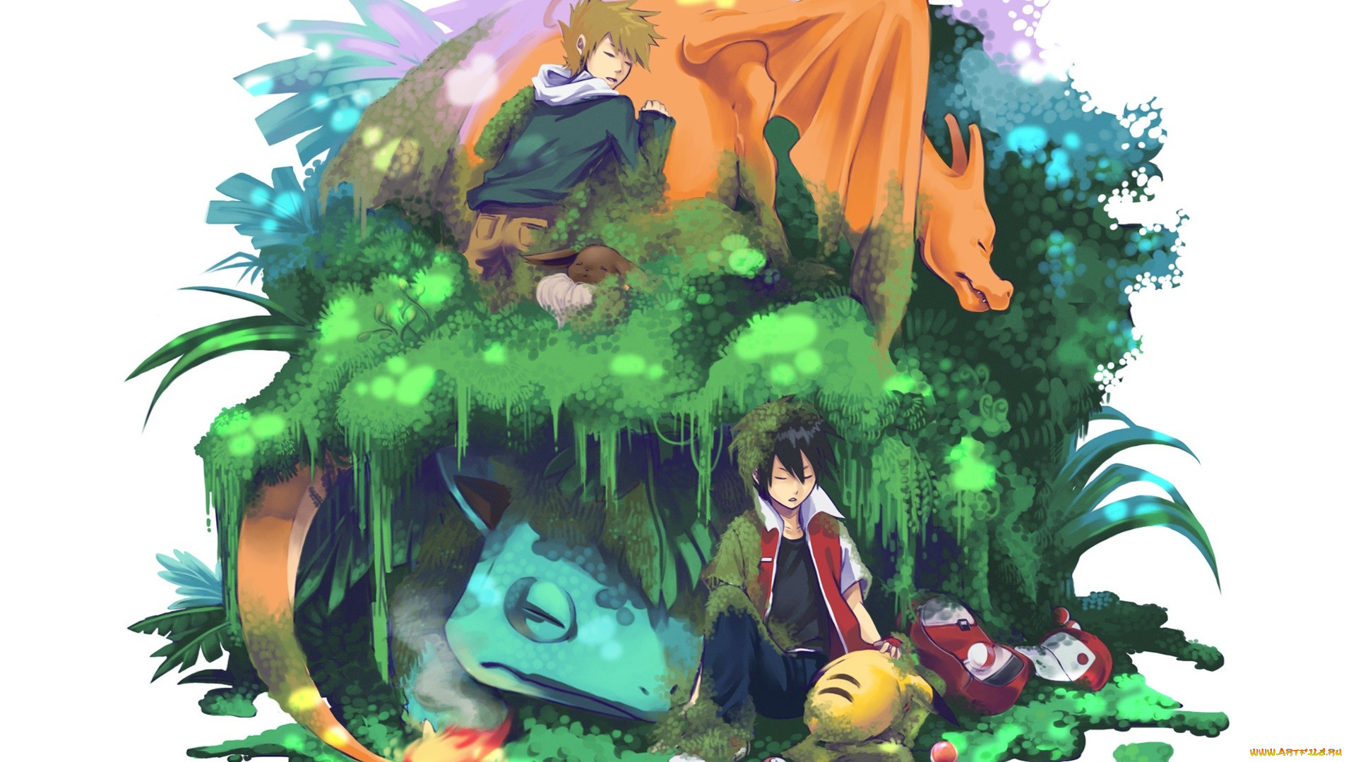 аниме, pokemon, пикачу, покемоны, арт, парни, эш, растения, чаризард