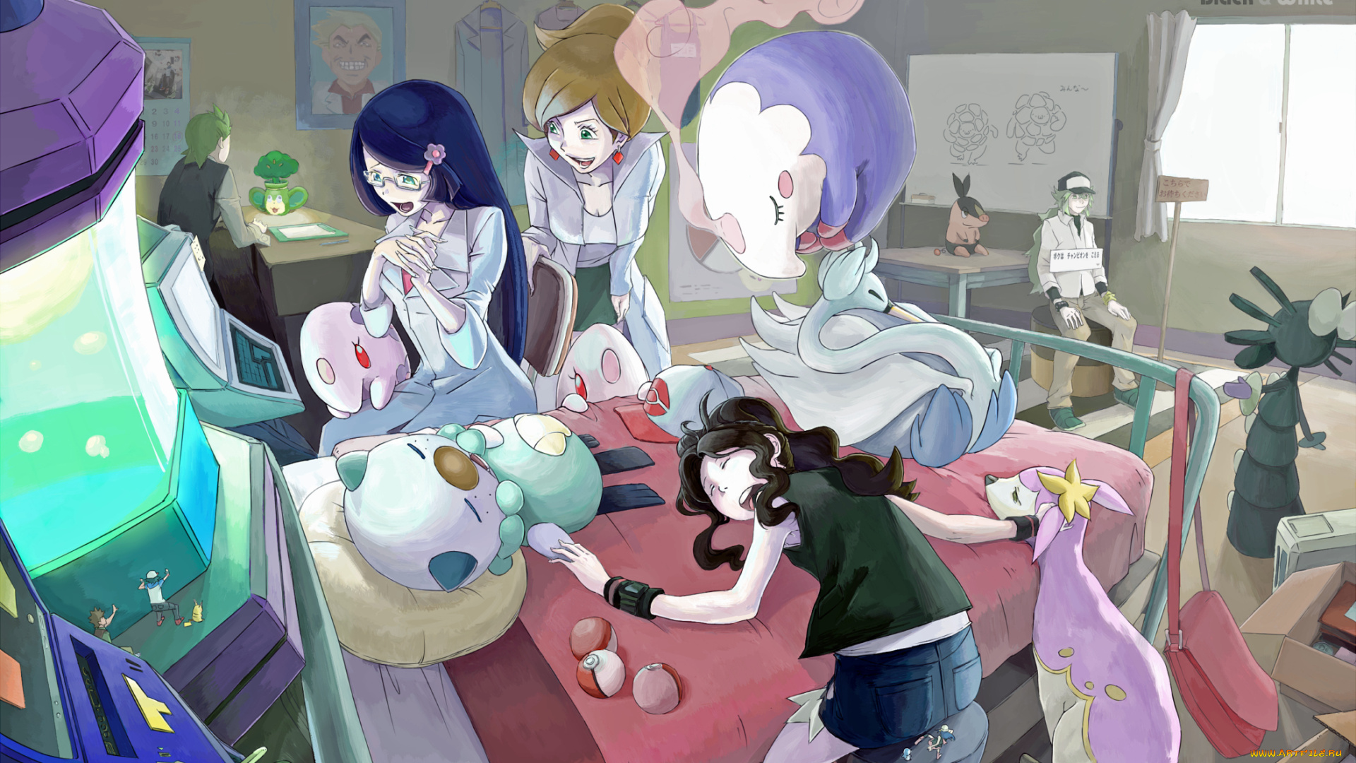 аниме, pokemon, портрет, арт, парни, девушки, стул, монитор, оквариум, календарь, комната, стол, больной, кровать