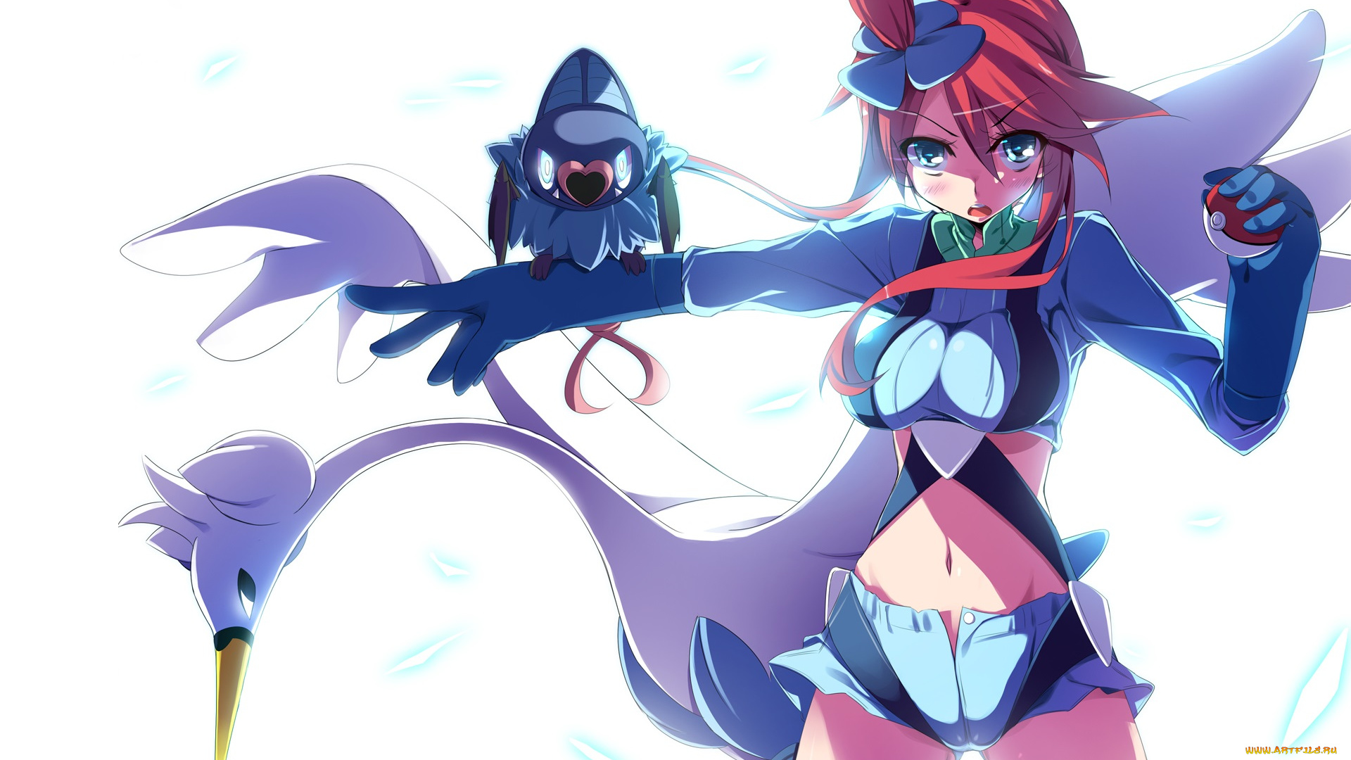 аниме, pokemon, шорты, взгляд, белый, фон, покемон, покебол, арт, девушка